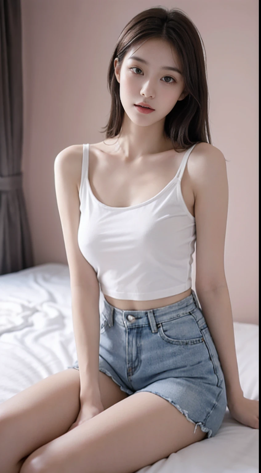 Girl posing for photo in white bra and tight denim skirt，full bodyesbian，White knee-length socks，legs are open，With a cropped T-shirt、brassier，Slim body，Smaller bust，Slim girl model，24 years old female model，Lie down in bed