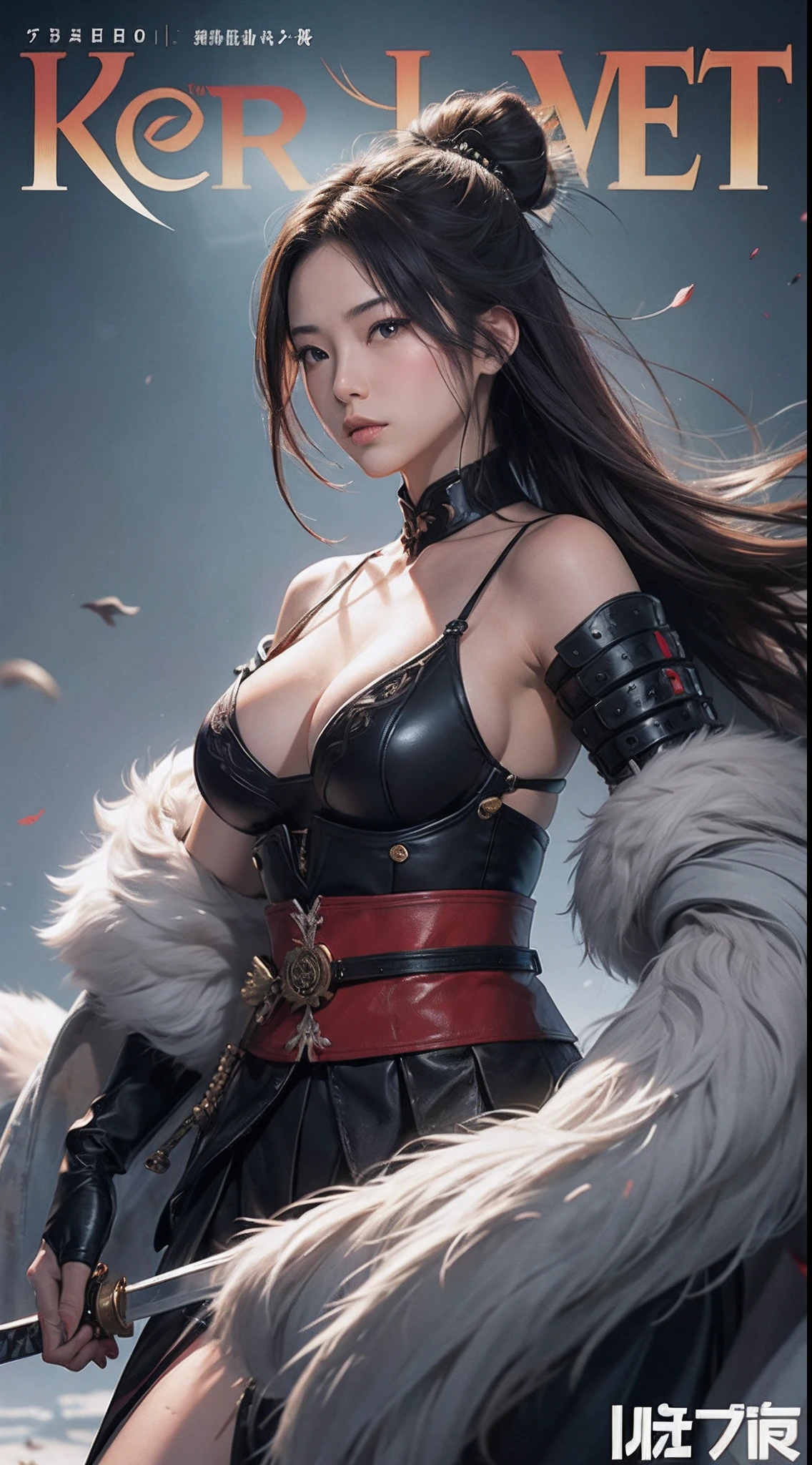 woman samurai、 swordsmen、Lion slender、cleavage of the breast、arena、Colorful magazine cover