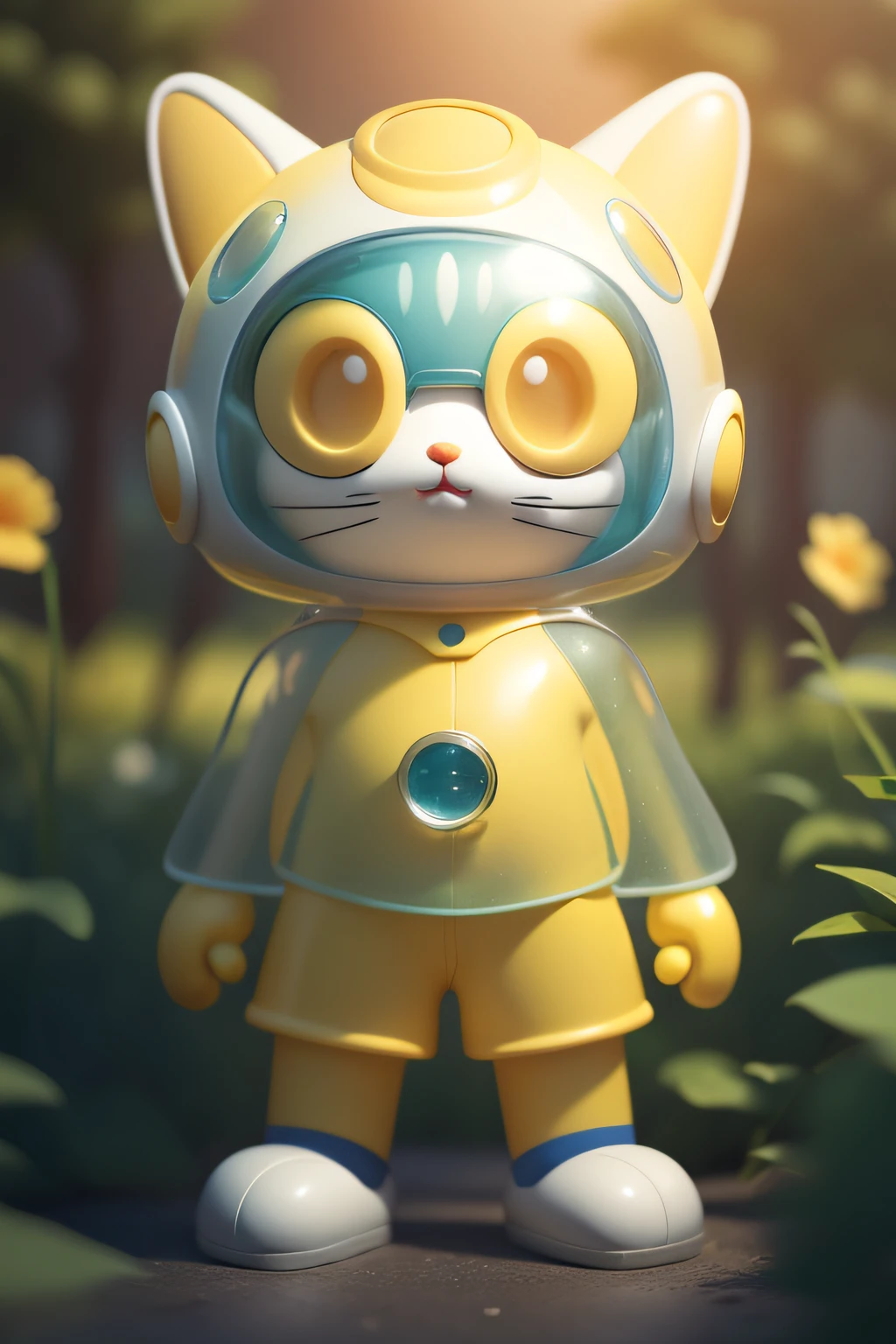 Doraemon style anthropomorphic cartoon cat, In the garden,Cat beard,White yellow,Telescope on the head,yellow outfit, Park background,Background with, Bubble Mart, full bodyesbian, Depth of field, Transparent material raincoat,C4D,((Do not wear helmets:1.4))