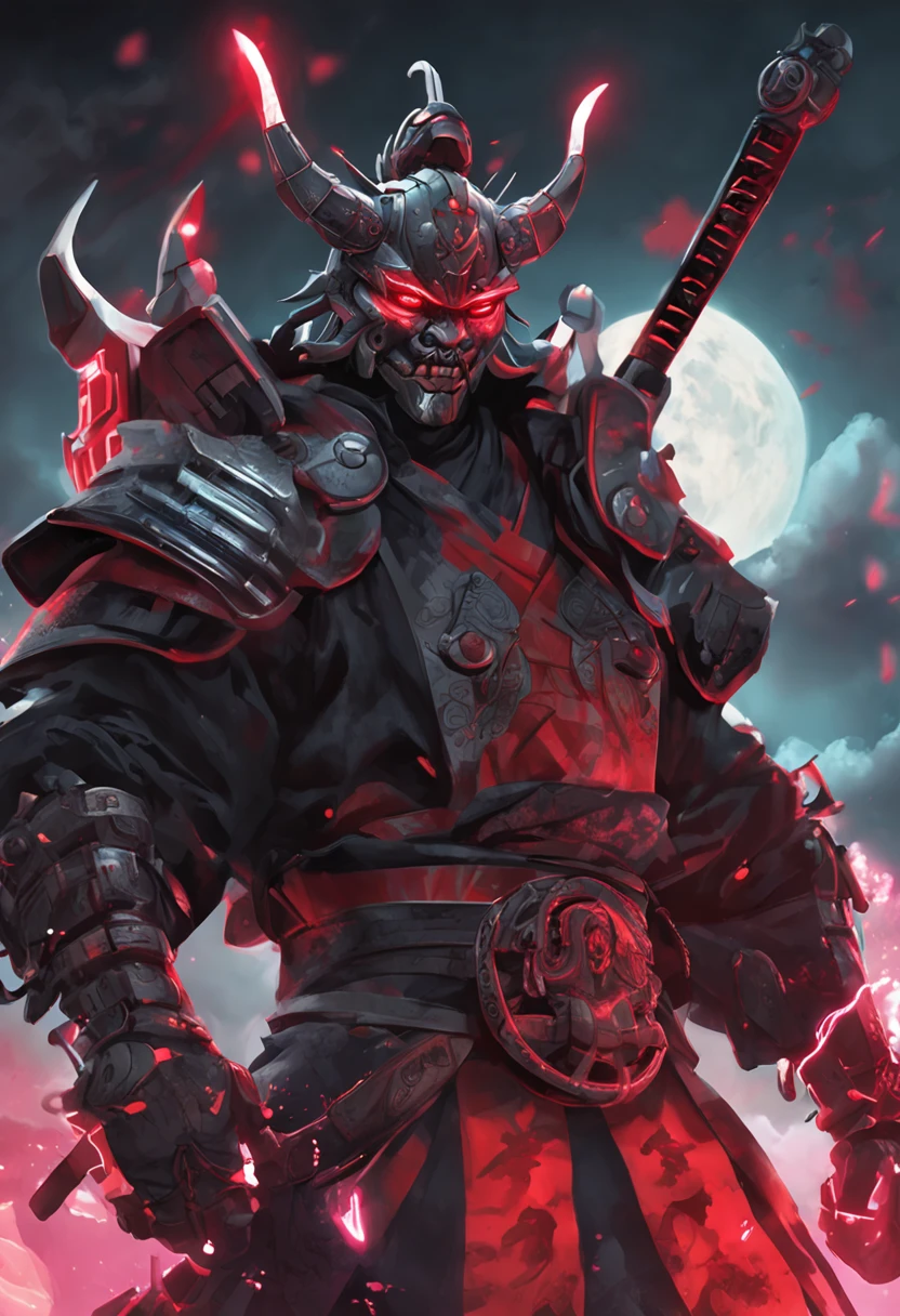 masterpiece, best quality, oil painting style, sky, cloud, holding_weapon, no_humans, glowing, , robot, building, glowing_eyes, mecha, science_fiction, city, realistic,mecha, a close up of a cartoon character with a demon face, demon samurai, villain wearing a red oni mask, demon samurai warrior, samurai with demon mask, oni horns, handsome guy in demon slayer art, neon samurai, handsome japanese demon boy, demon samurai mask, demon slayer artstyle, oni mask, onmyoji portrait, onmyoji detailed art, oni