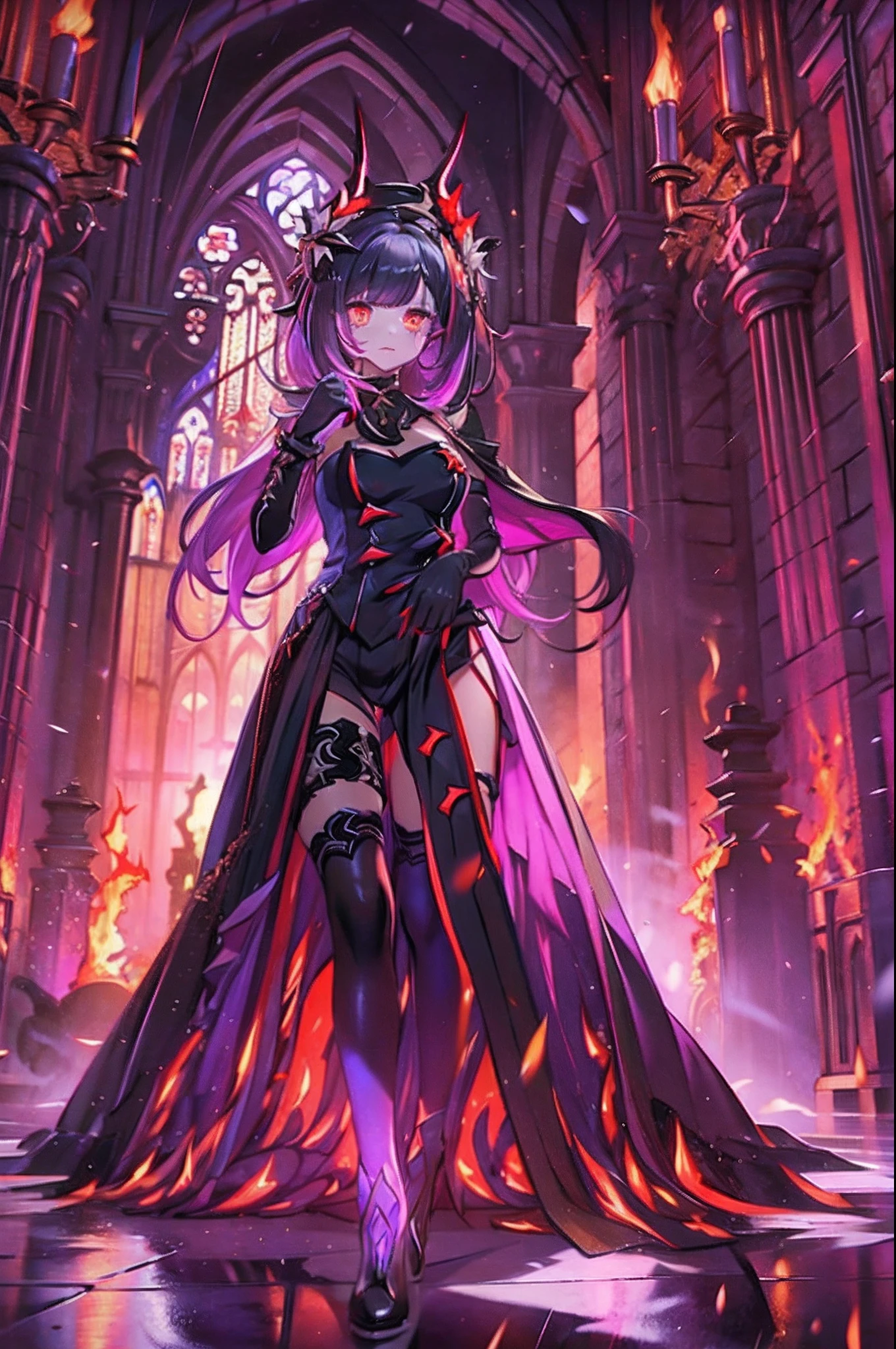 1 girl, demon girl, solo, black hair, short straight hair, gloves, bun updo, side bangs, long horns, ultra detailed red and black eyes, slit_pupils, gothic dress, sleeveless gothic dress, light gothic dress, skirtless gothic dress, gothic cathedral, glowing flames surrounding the girl, inner room of the cathedral is on fire, exuding flames from eyes, dim lighting, warm colours, fascinator_hat, beautiful pose, serious expression