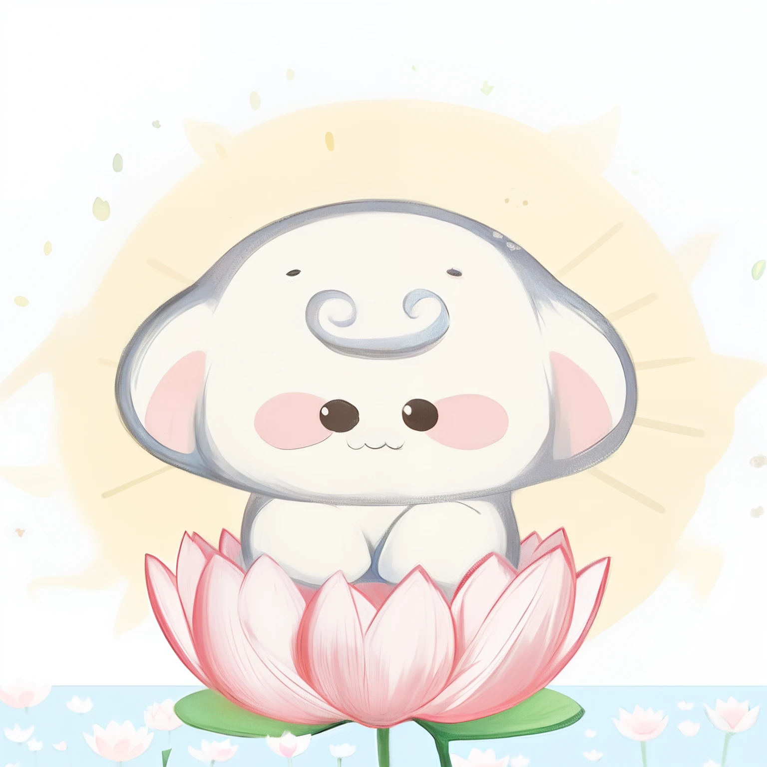 There is a cartoon elephant sitting on a flower,The background is the sun, Inspired by Prue's paintings, Pisif, sōsaku hanga, Kawaii chibi, sitting on a lotus flower, kawaii cute dog, Soft anime illustration, Middle metaverse, kawaii, Cute:2, cute artwork, cutecore