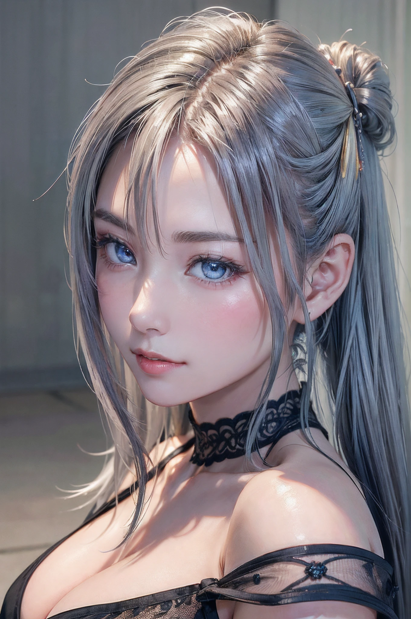 top-quality、8K Masterpiece、超A high resolution、(Photorealsitic:1.3)、Raw photo、女の子1人、silver white hair、poneyTail、glowy skin、1 super beautiful college girl、((super realistic details))、portlate、globalillumination、Shadow、octan render、8K、ultrasharp、highly intricate detail、Realistic light、CGSoation Trends、Beautiful eyes、radiant eyes、Facing the camera、