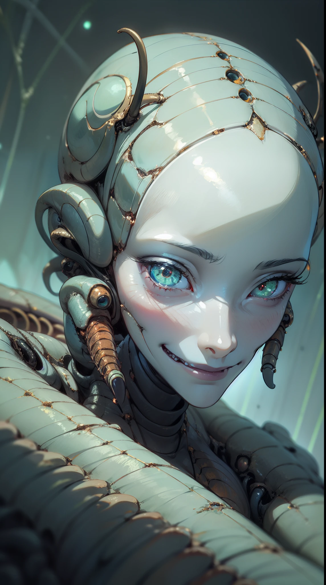 ((masterpiece)), best quality, 8k, high quality, high resolution, super detailed, ultra detailed, photorealistic, abominable and finely detailed face and eyes, ultra detailed and detailed skin texture, alien eyes, perfect face, 1 girl, chitinous exoskeleton, (insectoid form), multifaceted eyes, (alien aura), surrounded by eerie bioluminescence, crawling in an extraterrestrial environment, chilling expression, ((unnatural smile)), night, alien landscape, strange flora, otherworldly atmosphere, (unsettling sounds), (alien chirping), since ancient eons, Zara'kthul, alien eyes, background of alien landscape.