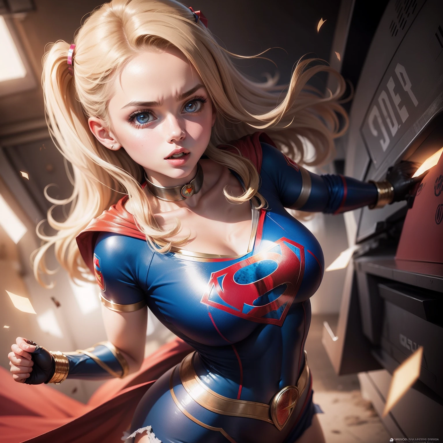 The character Supergirl, perfect blue and red costume with the traditional "S" in the chest, red cape, shiny little blue eyes, extremely beautiful blond hair, beautiful smile , perfect anatomy and extremely beautiful face, hyperrealistic face 