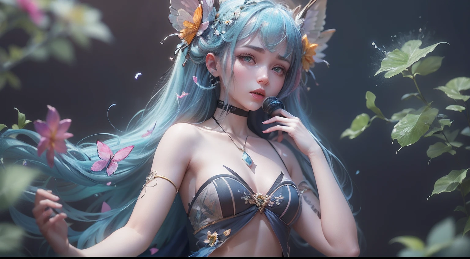 Octane Render、nffsw、(Hyper-detailing: 1.15)、(Soft light、sharp: 1.2)、songstress、full body Esbian、ultradetailed eyes、Full Paint、Splash、（Floral hair ornament、butterfly hair ornament）、 masutepiece、Anatomically correct、Sing as if floating in the light