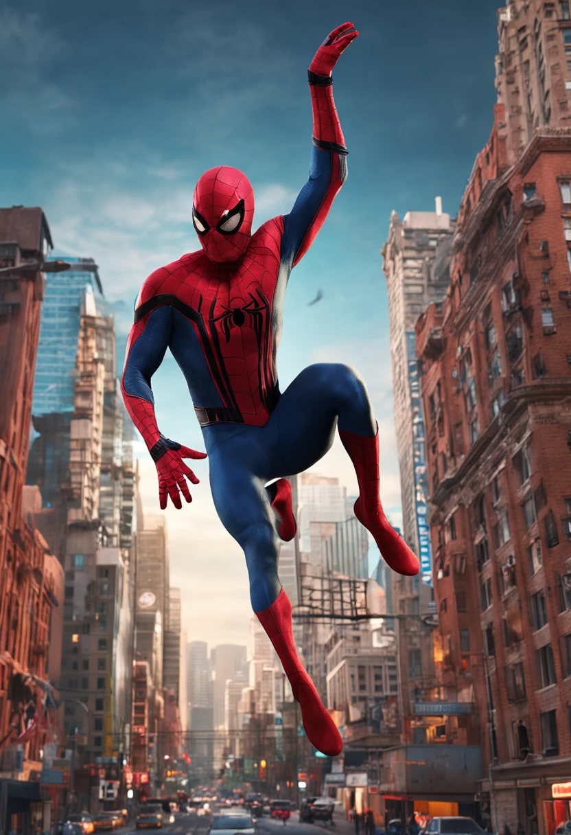 The Incredible Spiderman swinging between buildings in Bangkok, viewed from a low angle
