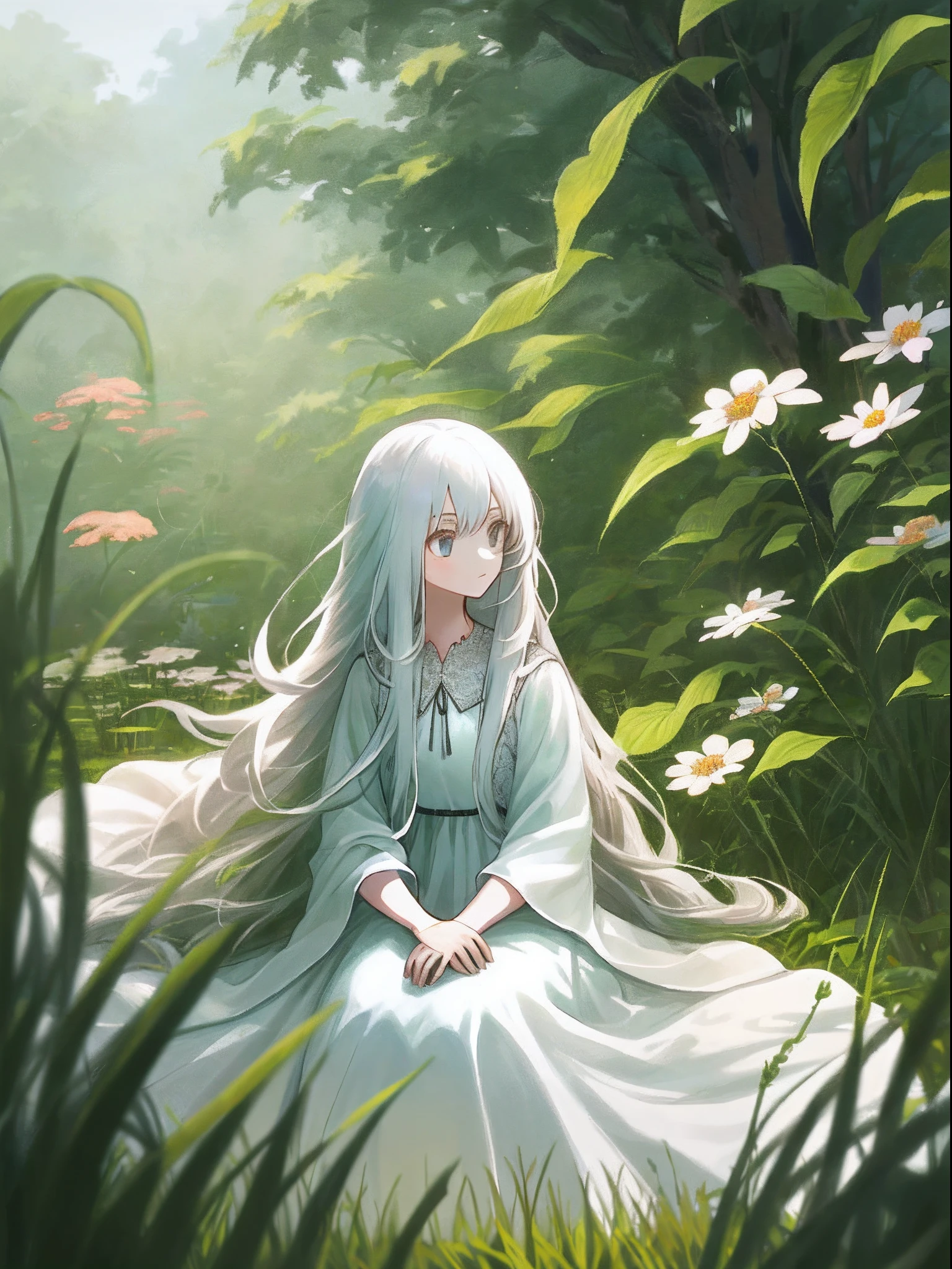 （tmasterpiece，best qualtiy），A little girl with long white hair sits in a field of greenery and flowers，warmly lit，white dresses