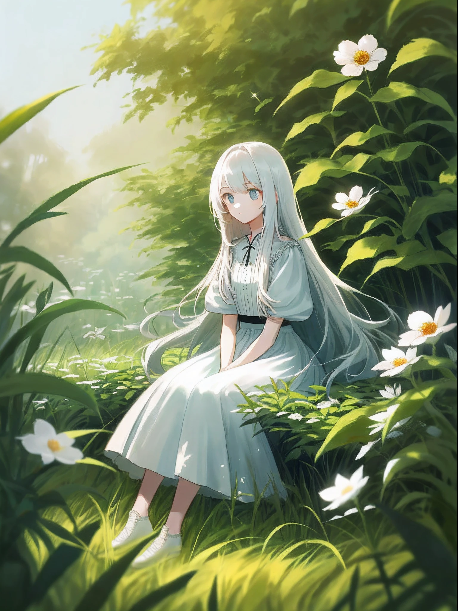 （tmasterpiece，best qualtiy），A  girl with long white hair sits in a field of greenery and flowers，warmly lit，white dresses