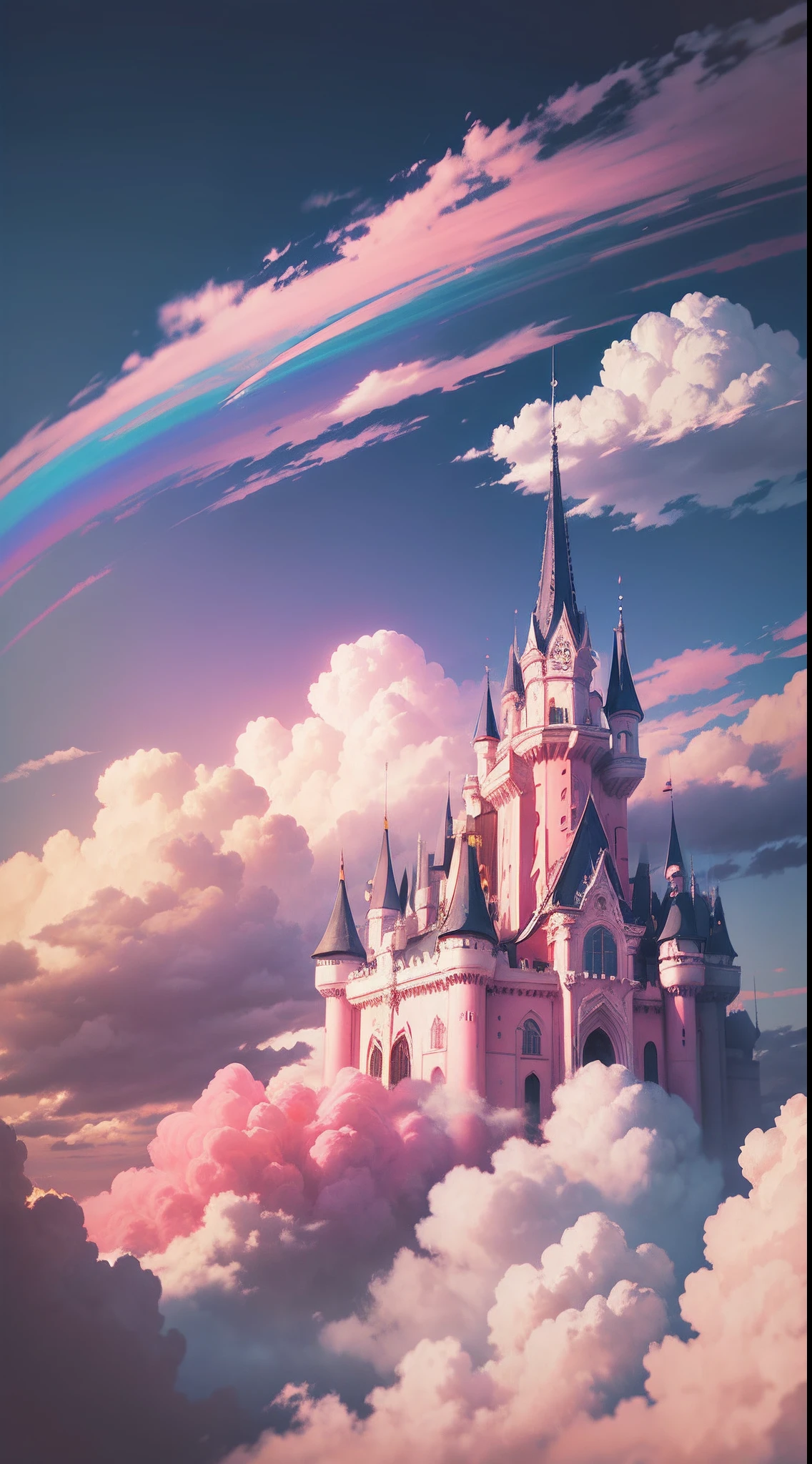 No background cloud map, bright sky, environmental contrast, rainbow clouds, colorful, pink clouds, sky castle