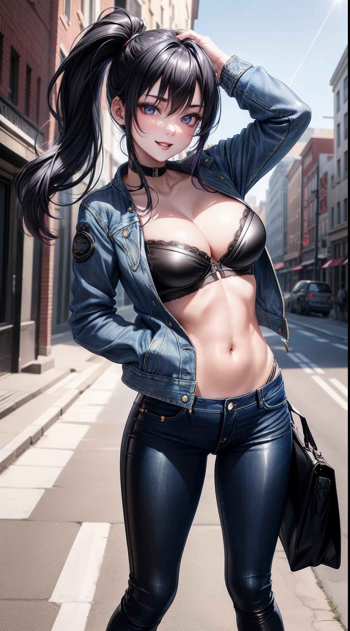 8k, highres, ultra detailed, (masterpiece:1.4), best quality, symmetrical body, a beautiful 18 year old girl, (jeans jacket:1.5), (black bandeau bra:1.5), (plain black leather leggins:1.5), full body shot, cute, solo, long hair, purple hair, ponytails hairstyle, blue eyes, glow effect, finely eye, detailed face, looking at viewer, smilling at viewer, dominant look, (seductive:1.4), big breasts, sun, rim light, in the city