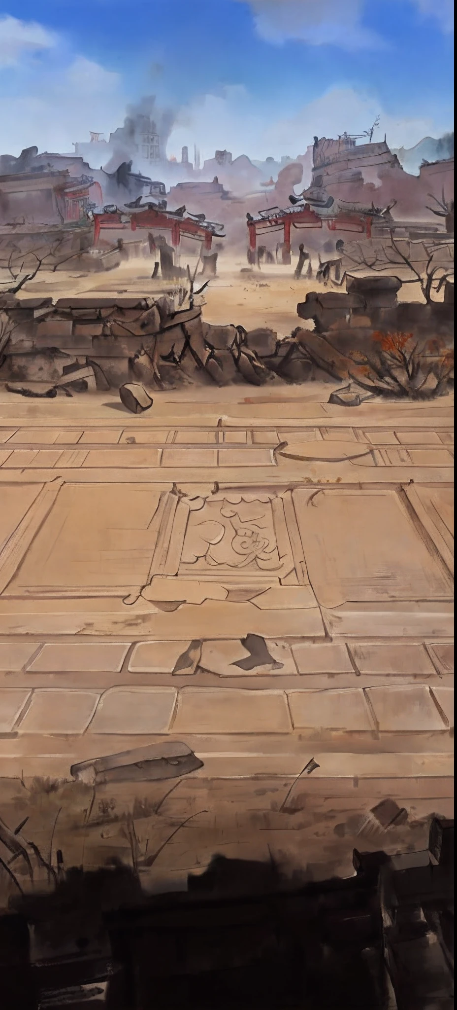 Chinese-style scene,ink wash style,ancient battle field,Ruins stone ground