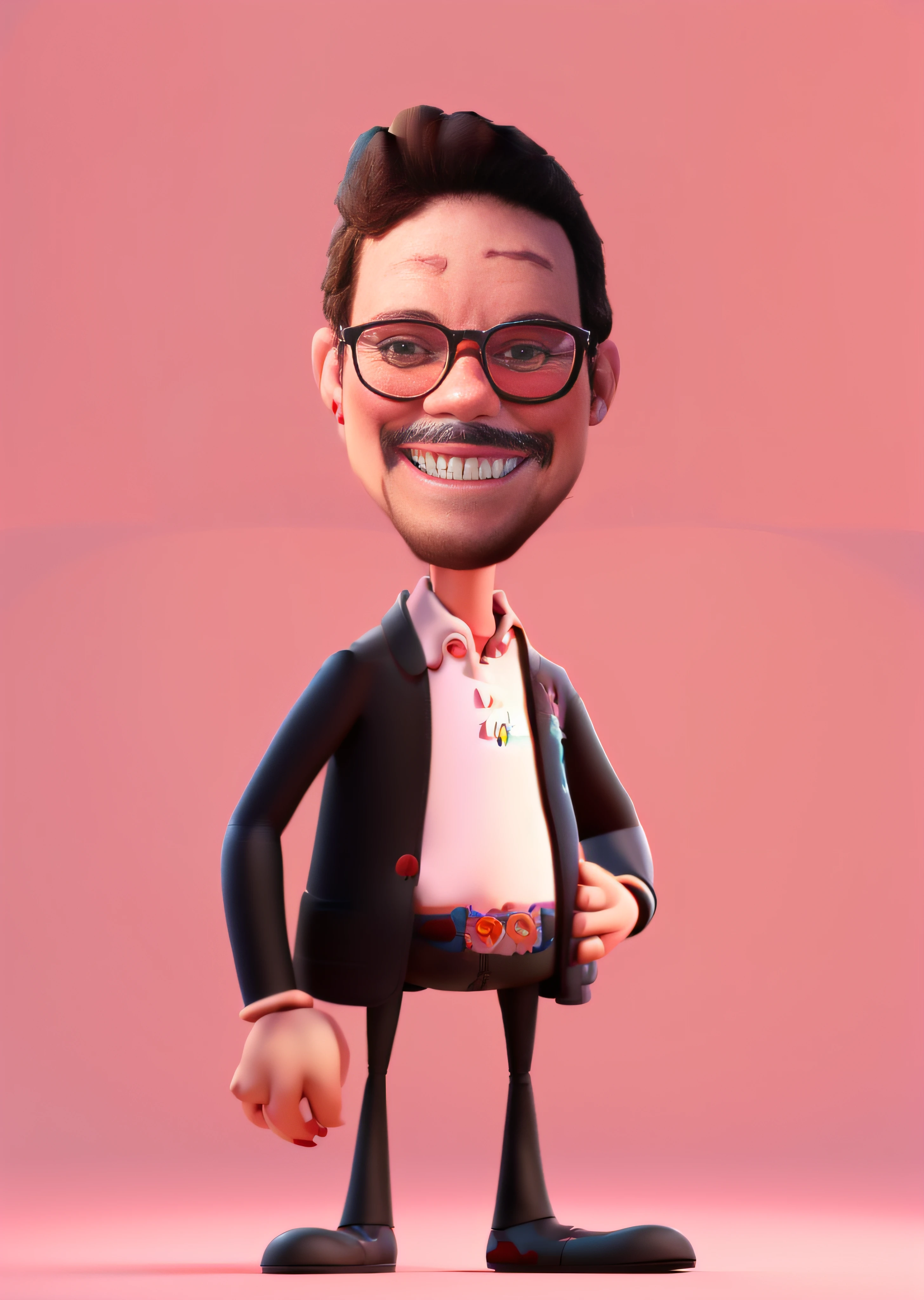 Um homem de corpo inteiro no estilo ..3d dos desenhos animados da Pixar, em camisa preta de linha longa, smiling at camera, fundo rosa macio, Funny cartoon in Pixar style, ..3d, Cinema 4D, (Estilo de personagem Pixar:1.8).