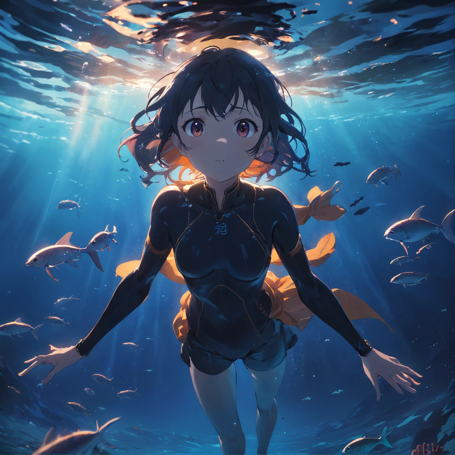 Photo of a short-haired girl underwater，Full Body Lesbian，Looking up、Scattered bubbles、Water movement、Mysterious atmosphere、Black Swimsuit、Fisheye Lens、