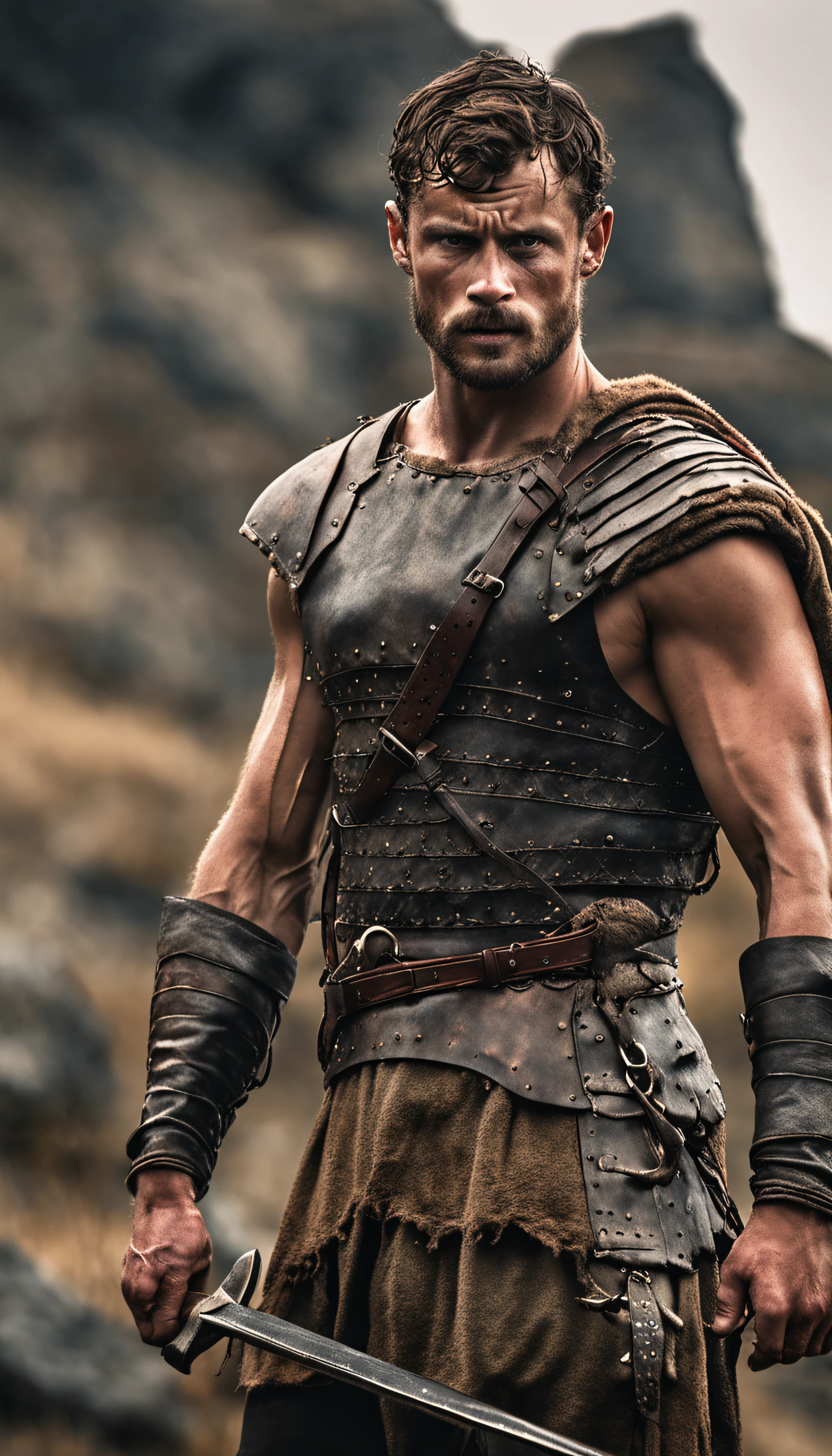 Portrait of a Viking warrior, Armored armor on stone shoulder , Jamie Dornan, very handsome and strong, strong and muscular, tanned and strong, dark short hair, brave warrior, similar to actor Jamie Dornan, standing in front of a burning village, cliffs, close up, attack pose and attitude.