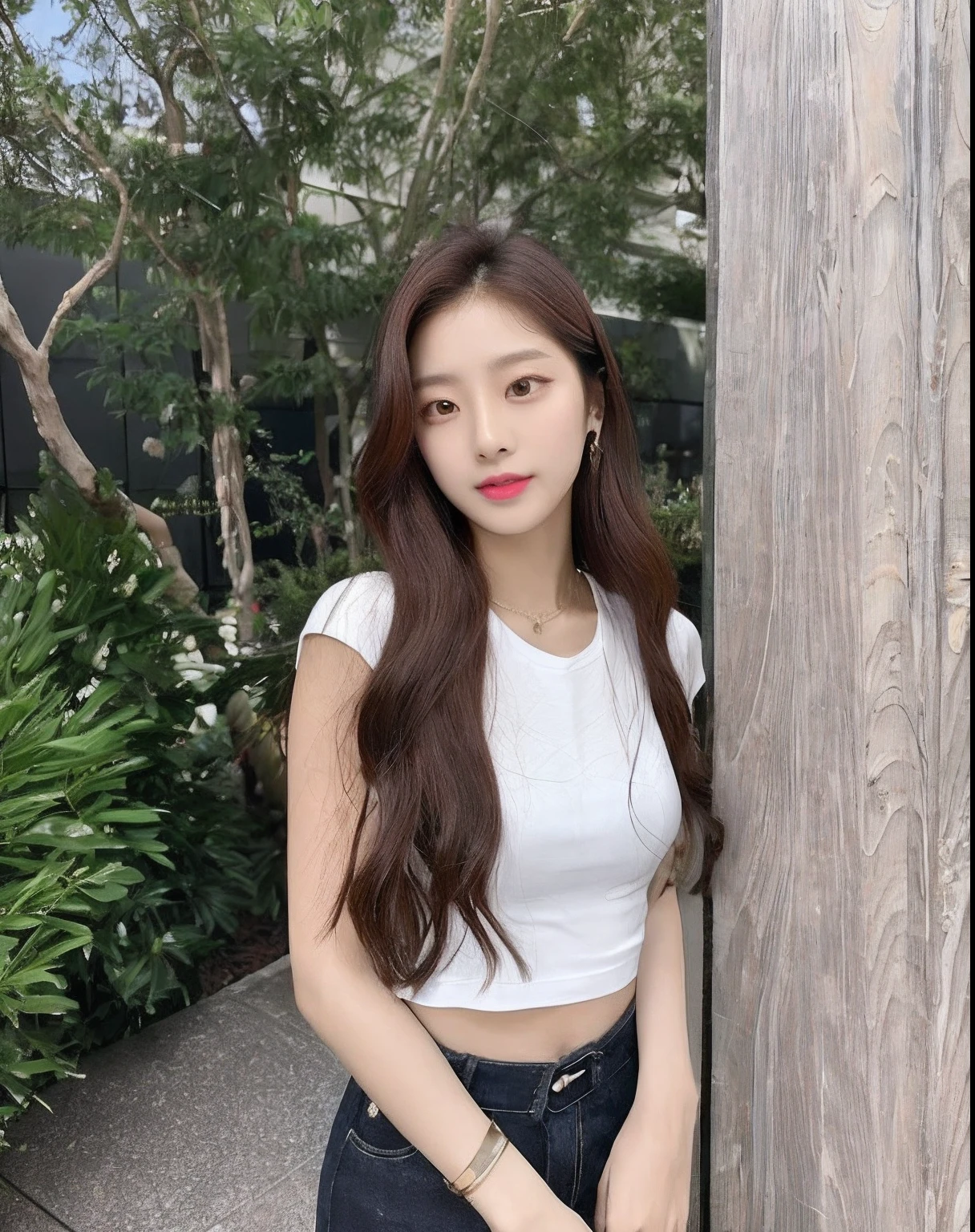 Alafed woman standing next to a wooden stick in white shirt, With long hair, tzuyu from twice, Asian girl with long hair, ulzzangs, Gorgeous young Korean woman, blackpink jennie, white hime cut hairstyle, a young asian woman, Beautiful young Korean woman, jaeyeon nam, jossi of blackpink, jisoo from blackpink, With brown hair