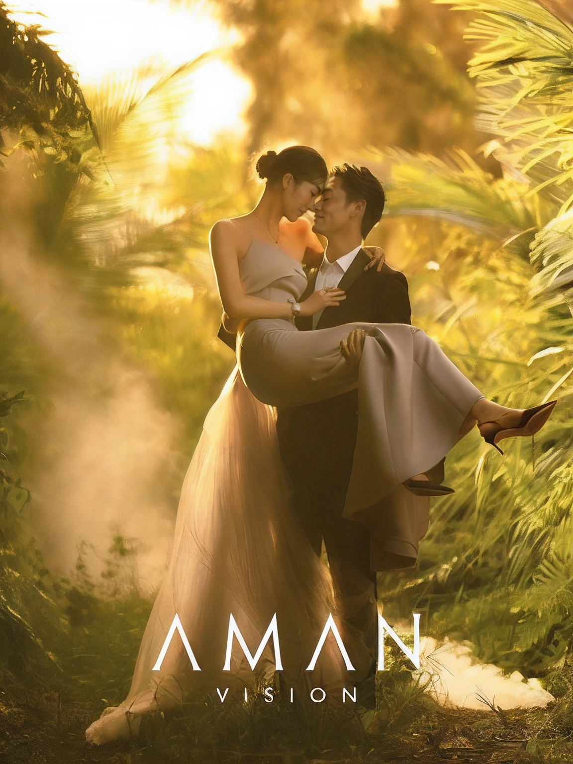 The bride and groom hug in the jungle at sunset, armani, featured on amiami, akiman, author:Mark Arian, inspired by amano, Loves, anton, Yan, on a, author:Marshall Arisman, asian man, ao dai, in style of lam manh, aokan, author:Ma Wan, affable , wenjun lin, Asian