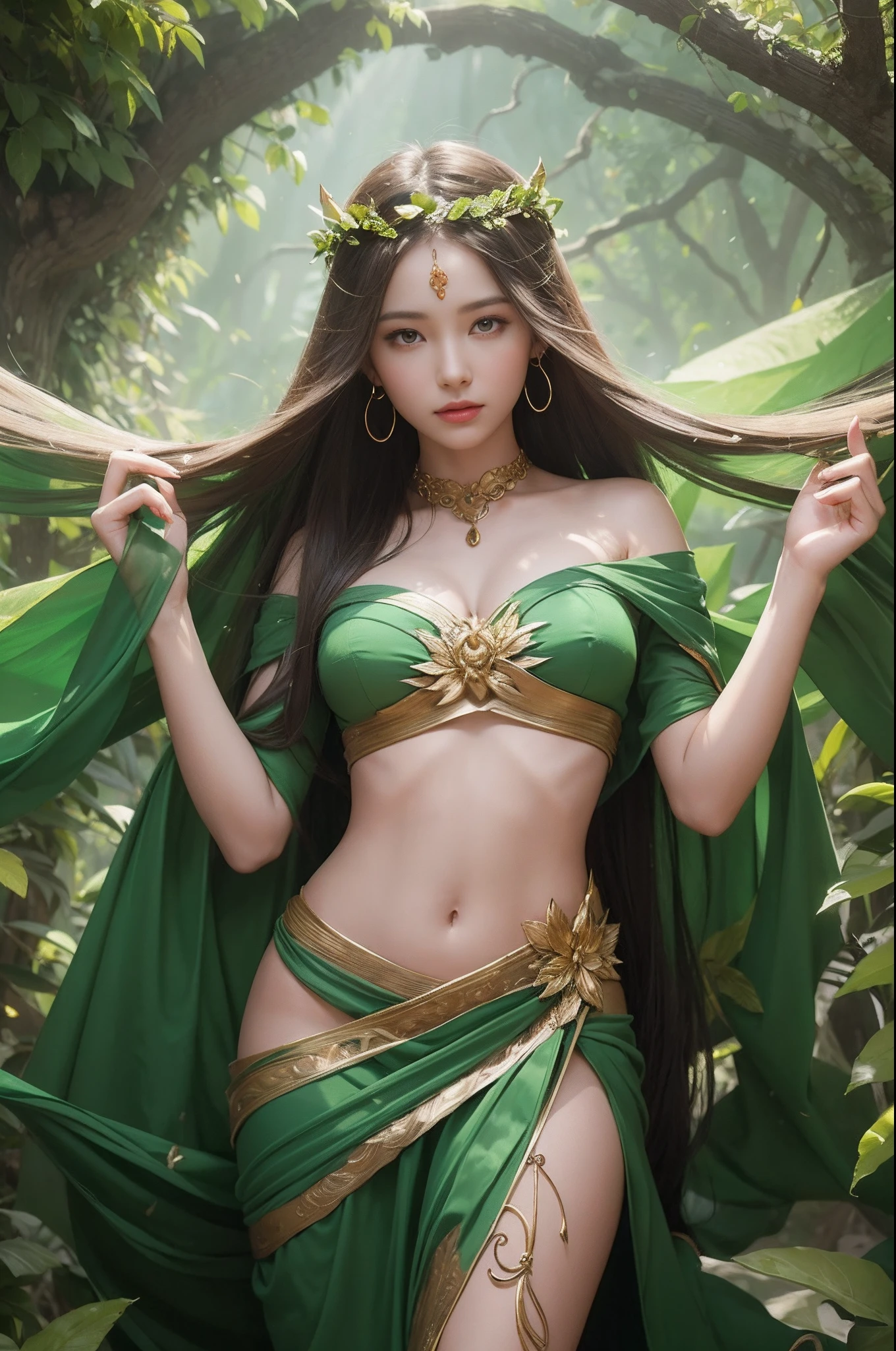 Design an image of beautiful goddess harnessing the forces of nature, with vines and leaves intertwining around her body as he commands the wind to swirl around her