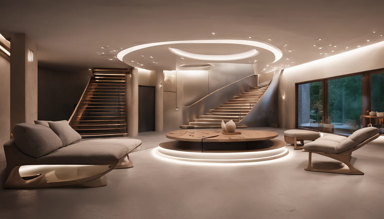 ((Best quality 16:9)) , Stand in a detailed and immersive representation of the interior of the house, Soft ambient lighting enhances futuristic design details,A corner of the double-run staircase,stairways,Great Wall elements,Traditional folklore,Intangible cultural heritage