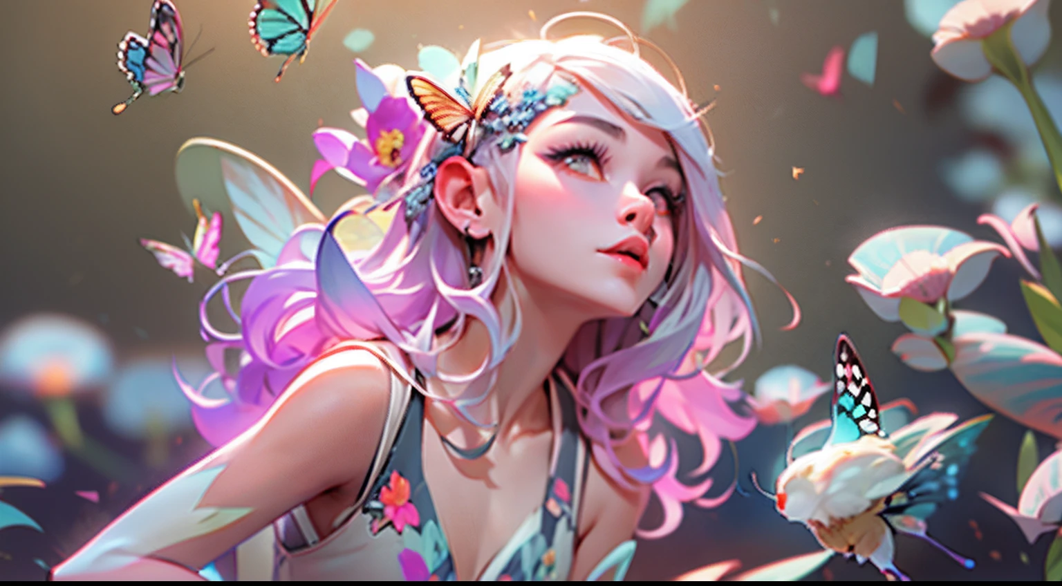 Octane Render、nffsw、(Hyper-detailing: 1.15)、(Soft light、sharp: 1.2)、songstress、full body Esbian、ultradetailed eyes、Full Paint、Splash、(Floral hair ornament、butterfly hair ornament)、 masutepiece、Anatomically correct、Sing as if floating in the light