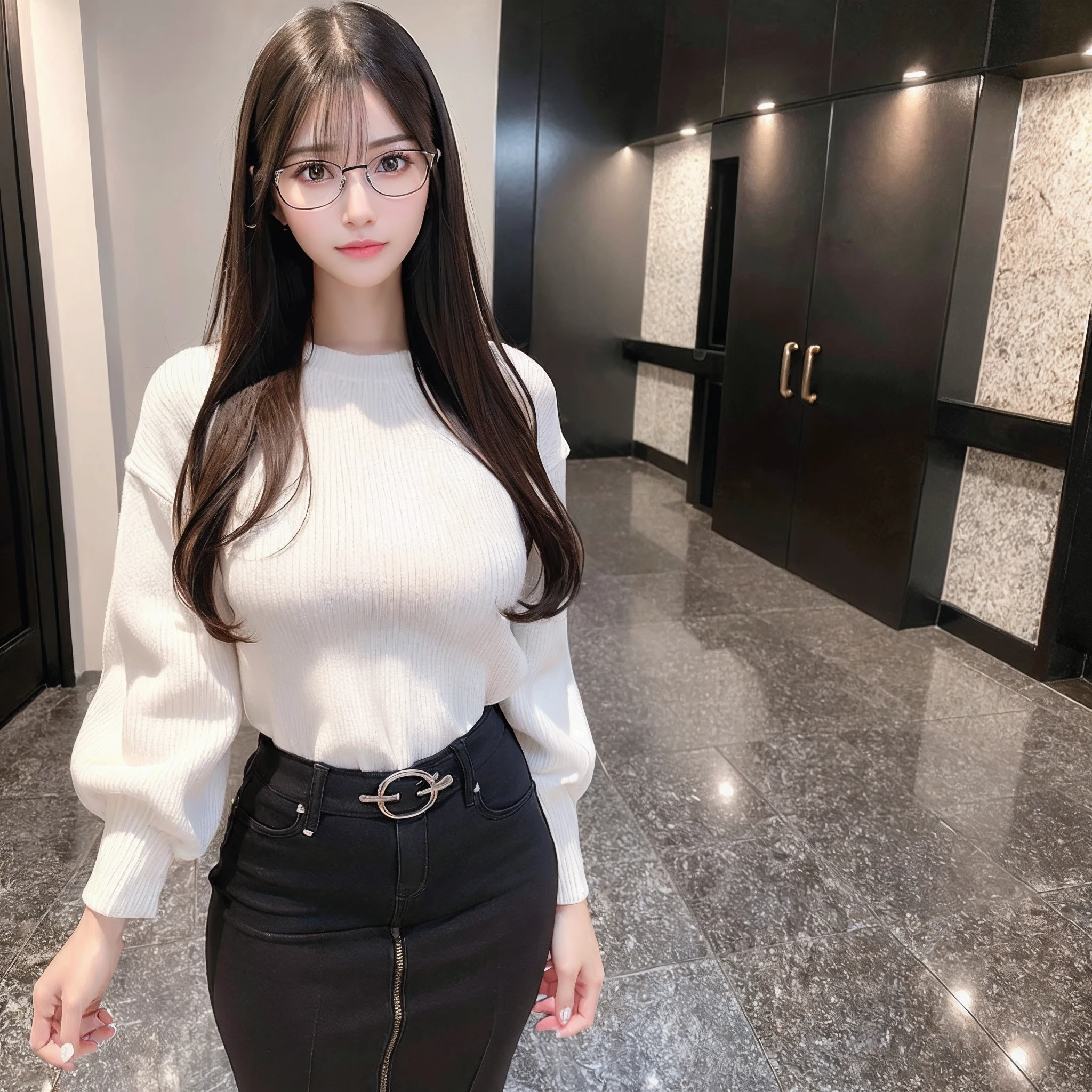 Black hair, big breast , slim waist, Long hair, Brown eyes, (detailed eyes), casual outfit, gentle smile, perfect body, ((highest quality)) , (realistic) , 8k, UHD, HD, ((1 girl)), wearing glasses, Looking at the viewer, standing , perfect face