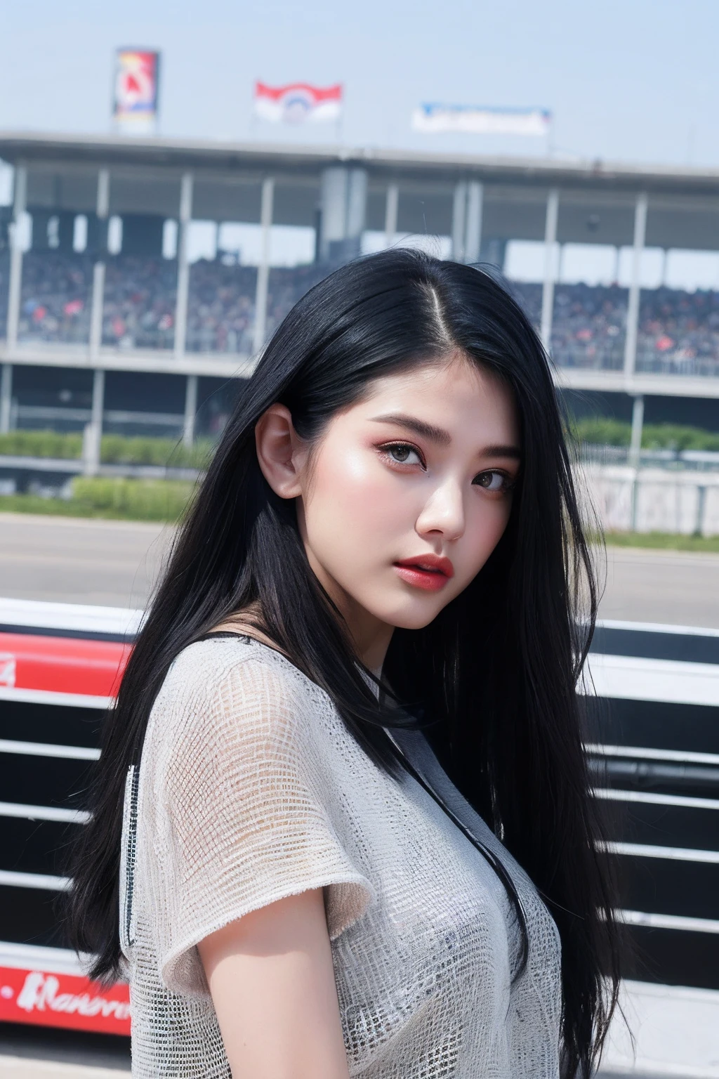 (extra detailed body、extra detailed face、best qualtiy:1.2)、femele、looking at the viewers、(Silver mesh hair on black hair、Mode fashion)、(Car racing venue 1 in the background.4)