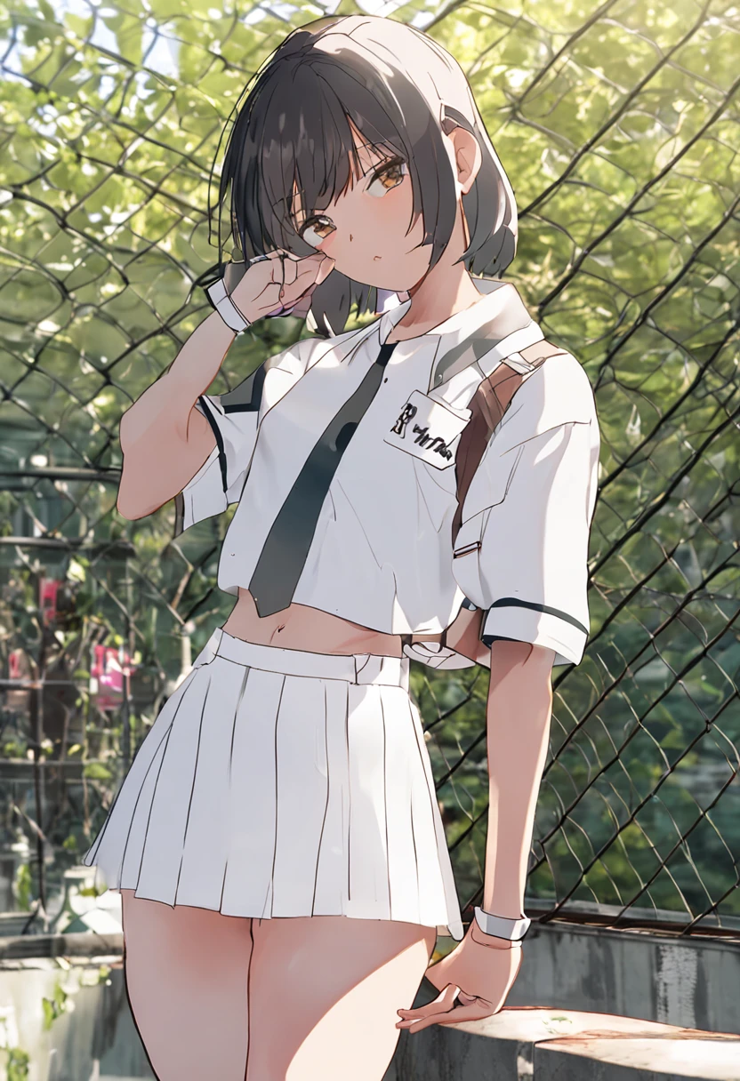 1girll, 独奏, White polo shirt, White sneakers, tennis wear, white mini-skirt, tmasterpiece, Best quality at best, realisticlying, ultra - detailed, (shiny skins, perspired:1.4), absurderes, looking at viewert, with short black hair, with brown eye,slenderness,Dynamic light and shadow,A high resolution,Sharp focus,depth of fields,The eyes are delicate,Sharp pupils,pupil realistic,(middlebreast:1.6),(Thigh thick:1.0),，Sitting on a man undressed，Expression satisfaction