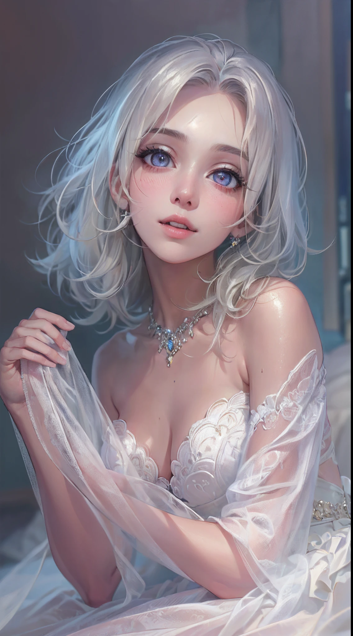 ((((masterpiece, best quality, high resolution)))), Extremely detailed 8K, Beautiful girl with slender body, (Ultra HD, Ultra-detailed, Highly detailed, Highly realistic, Ultra-realistic, photograph realistic), (1girl:1.5), (Realistic white hair), short wavy hair, bob cut, purple eyes, average breasts, cleavage, (dynamic poses), facing at camera, light smile, parted lips, (beautiful detailed face, beautiful detailed eyes) blush, light smile, glow, thighs, bare shoulders, collarbone, narrow waist, cleavage, bedroom, night, night light, (wedding dress, bridal veil, bridal garter)