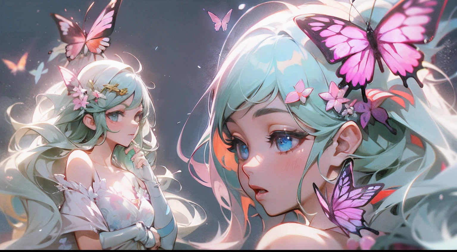 Octane Render、nffsw、(Hyper-detailing: 1.15)、(Soft light、sharp: 1.2)、songstress、full body Esbian、ultradetailed eyes、Full Paint、Splash、(Floral hair ornament、butterfly hair ornament)、 masutepiece、Anatomically correct、Sing as if floating in the light