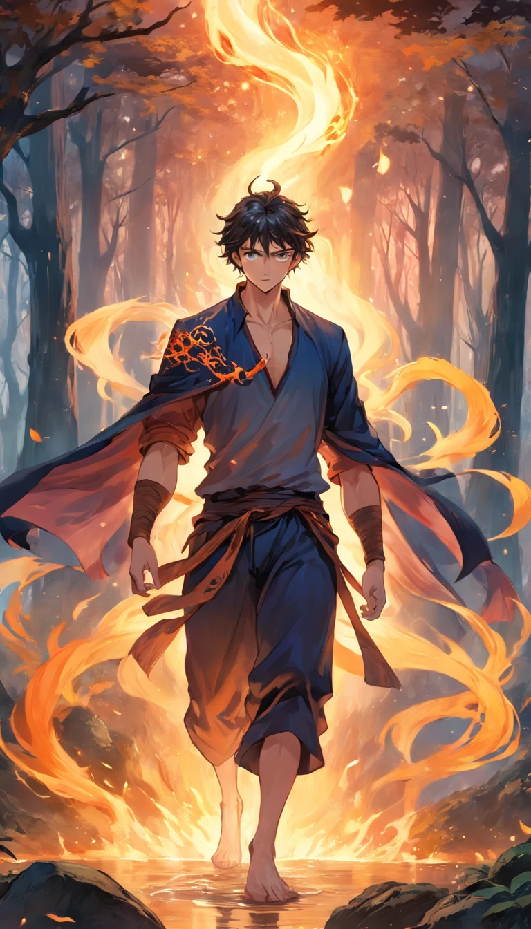 Amidst an ancient and overgrown forest, the essence of magic takes form through a young man, his hair as dark as the shadows and his eyes a radiant golden blaze. A mystical mark graces his neck, shimmering with latent power. Within a clearing, he stands engulfed in a cascading torrent of flames, the fire's heat tempered by an otherworldly energy. As the magical fire spirals and dances, it conjures a swirling dance of luminous particles, each a fragment of his ethereal aura. Arcane symbols materialize in midair, their glow casting an eerie light on his intense focus. The scene exudes a sense of ancient power and hidden knowledge, as if the woods themselves are alive with long-forgotten secrets. The mood is one of serene intensity, where the balance of nature and magic intertwine. The illustration style captures this mystical aura through detailed digital artistry, combining intricate linework with vibrant color palettes. --ar 16:9 --v 5