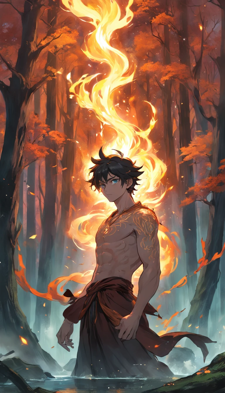 Amidst an ancient and overgrown forest, the essence of magic takes form through a young man, his hair as dark as the shadows and his eyes a radiant golden blaze. A mystical mark graces his neck, shimmering with latent power. Within a clearing, he stands engulfed in a cascading torrent of flames, the fire's heat tempered by an otherworldly energy. As the magical fire spirals and dances, it conjures a swirling dance of luminous particles, each a fragment of his ethereal aura. Arcane symbols materialize in midair, their glow casting an eerie light on his intense focus. The scene exudes a sense of ancient power and hidden knowledge, as if the woods themselves are alive with long-forgotten secrets. The mood is one of serene intensity, where the balance of nature and magic intertwine. The illustration style captures this mystical aura through detailed digital artistry, combining intricate linework with vibrant color palettes. --ar 16:9 --v 5