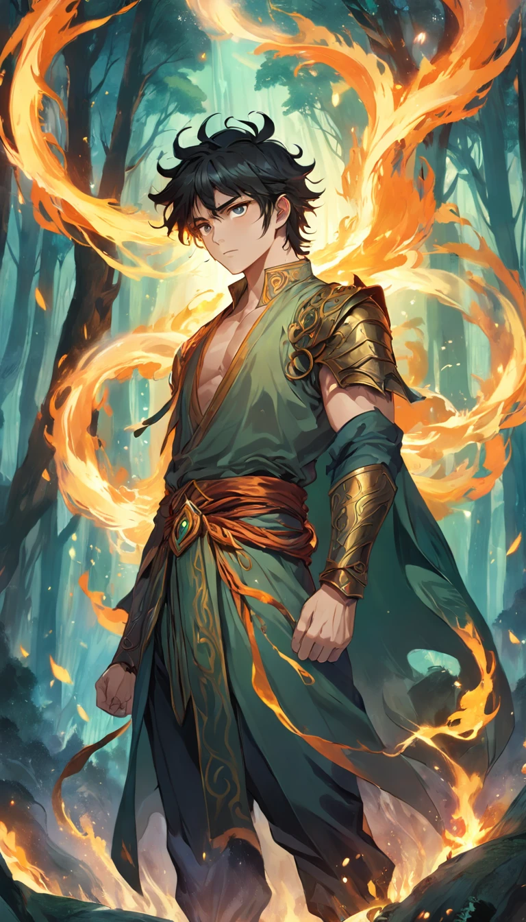 Amidst an ancient and overgrown forest, the essence of magic takes form through a young man, his hair as dark as the shadows and his eyes a radiant golden blaze. A mystical mark graces his neck, shimmering with latent power. Within a clearing, he stands engulfed in a cascading torrent of flames, the fire's heat tempered by an otherworldly energy. As the magical fire spirals and dances, it conjures a swirling dance of luminous particles, each a fragment of his ethereal aura. Arcane symbols materialize in midair, their glow casting an eerie light on his intense focus. The scene exudes a sense of ancient power and hidden knowledge, as if the woods themselves are alive with long-forgotten secrets. The mood is one of serene intensity, where the balance of nature and magic intertwine. The illustration style captures this mystical aura through detailed digital artistry, combining intricate linework with vibrant color palettes. --ar 16:9 --v 5