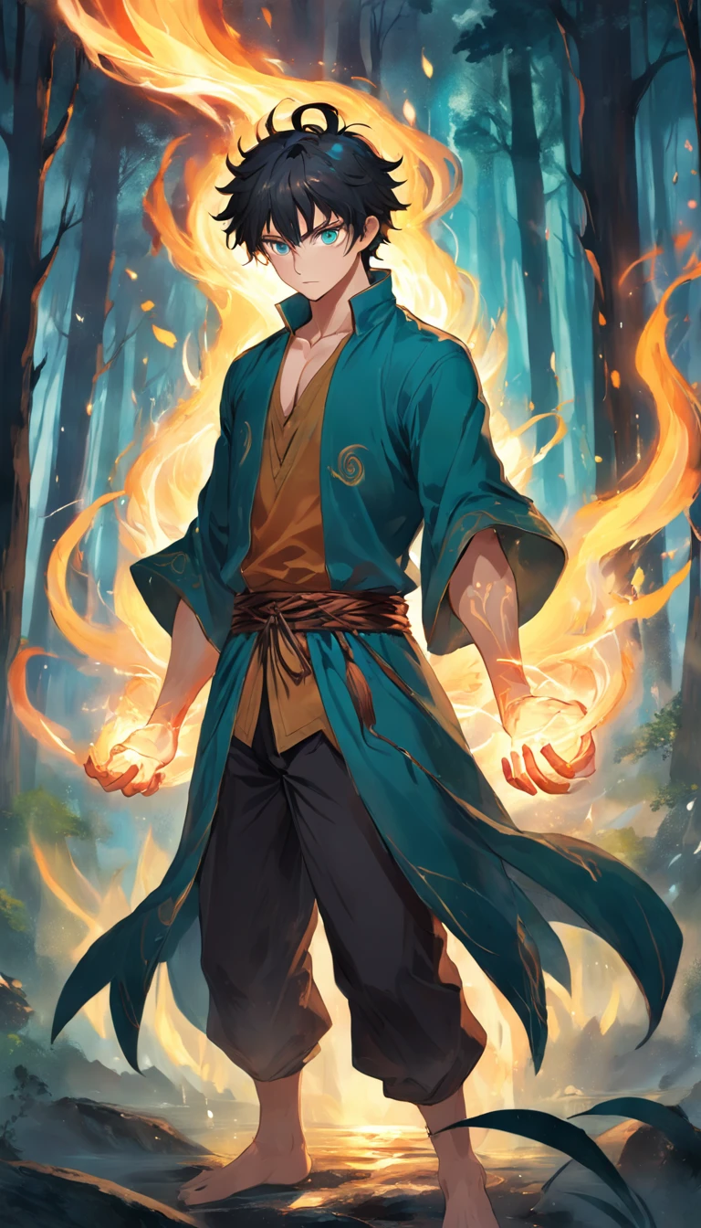 Amidst an ancient and overgrown forest, the essence of magic takes form through a young man, his hair as dark as the shadows and his eyes a radiant golden blaze. A mystical mark graces his neck, shimmering with latent power. Within a clearing, he stands engulfed in a cascading torrent of flames, the fire's heat tempered by an otherworldly energy. As the magical fire spirals and dances, it conjures a swirling dance of luminous particles, each a fragment of his ethereal aura. Arcane symbols materialize in midair, their glow casting an eerie light on his intense focus. The scene exudes a sense of ancient power and hidden knowledge, as if the woods themselves are alive with long-forgotten secrets. The mood is one of serene intensity, where the balance of nature and magic intertwine. The illustration style captures this mystical aura through detailed digital artistry, combining intricate linework with vibrant color palettes. --ar 16:9 --v 5