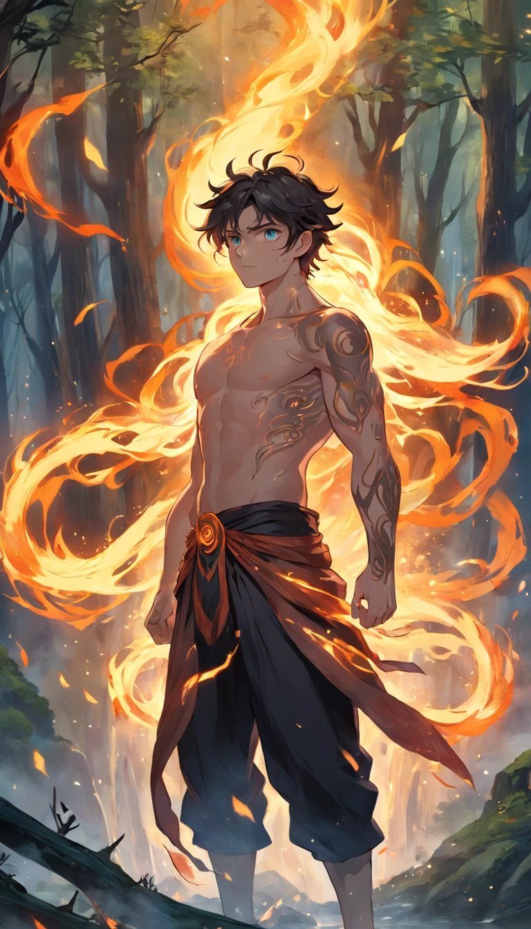 Amidst an ancient and overgrown forest, the essence of magic takes form through a young man, his hair as dark as the shadows and his eyes a radiant golden blaze. A mystical mark graces his neck, shimmering with latent power. Within a clearing, he stands engulfed in a cascading torrent of flames, the fire's heat tempered by an otherworldly energy. As the magical fire spirals and dances, it conjures a swirling dance of luminous particles, each a fragment of his ethereal aura. Arcane symbols materialize in midair, their glow casting an eerie light on his intense focus. The scene exudes a sense of ancient power and hidden knowledge, as if the woods themselves are alive with long-forgotten secrets. The mood is one of serene intensity, where the balance of nature and magic intertwine. The illustration style captures this mystical aura through detailed digital artistry, combining intricate linework with vibrant color palettes. --ar 16:9 --v 5