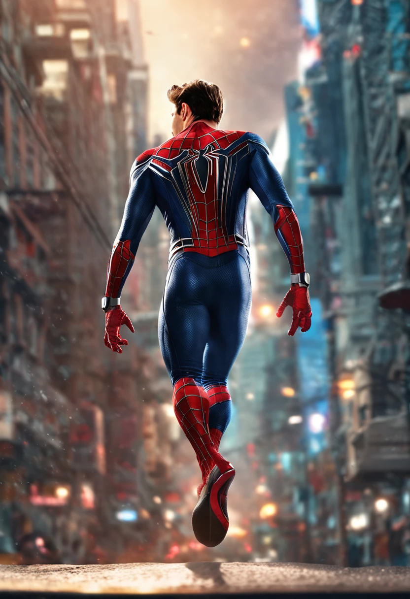 robert downey jr. (Masterpiece, 4k resolution, ultra-realistic, very detailed), (White superhero theme, charismatic, there's a man at the top of town, wearing Spider-Man costume without mask, he's a superhero), [ (30 years), (undercut hairstyle:1.2), full body, (brown eyes:1.2), ((Spider-Man pose),show of strength, jumping from one building to another), ((sandy urban environment):0.8)| (cityscape, at night, dynamic lights), (full moon))]