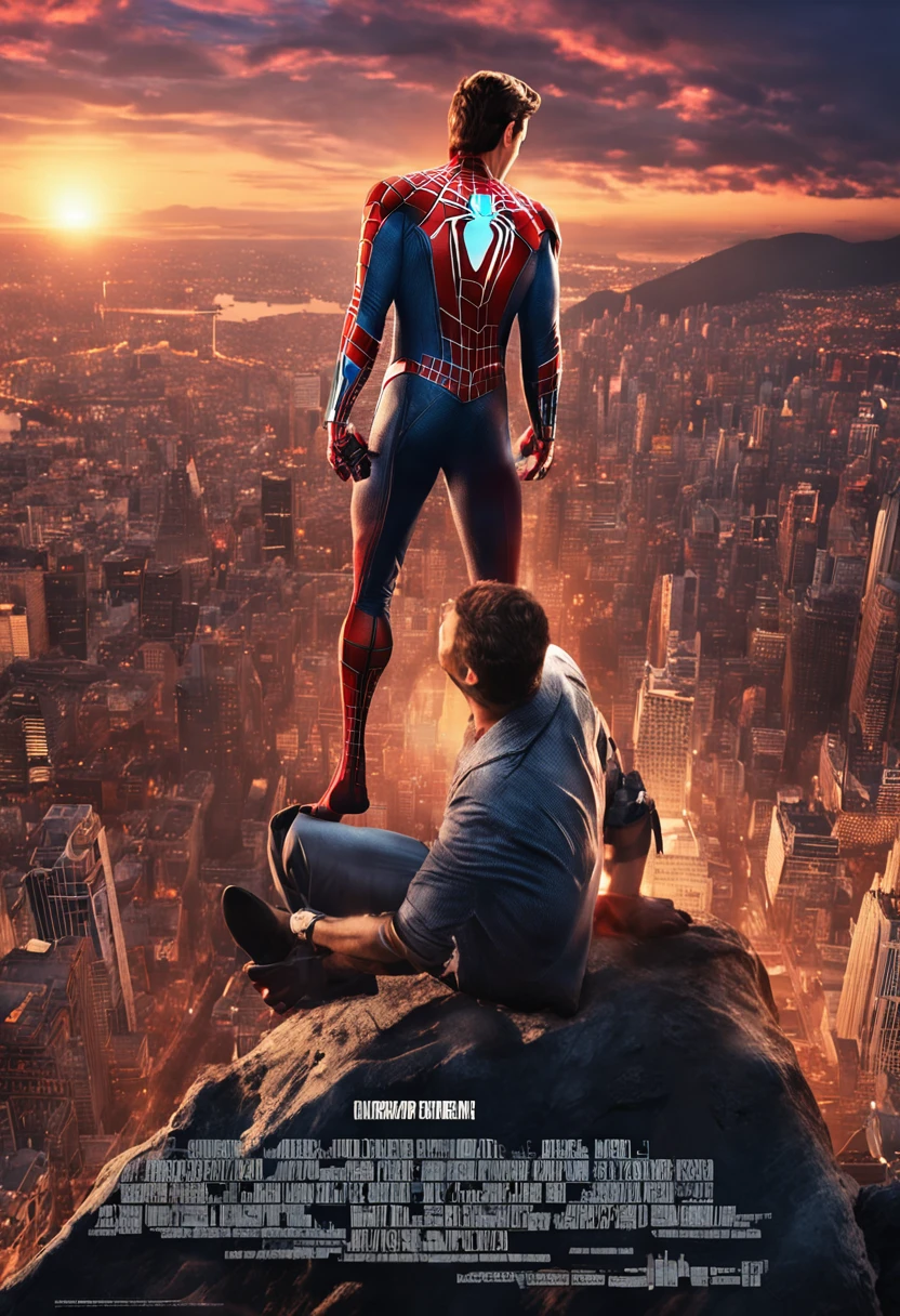 robert downey jr. (Masterpiece, 4k resolution, ultra-realistic, very detailed), (White superhero theme, charismatic, there's a man at the top of town, wearing Spider-Man costume without mask, he's a superhero), [ (30 years), (undercut hairstyle:1.2), full body, (brown eyes:1.2), ((Spider-Man pose),show of strength, jumping from one building to another), ((sandy urban environment):0.8)| (cityscape, at night, dynamic lights), (full moon))]