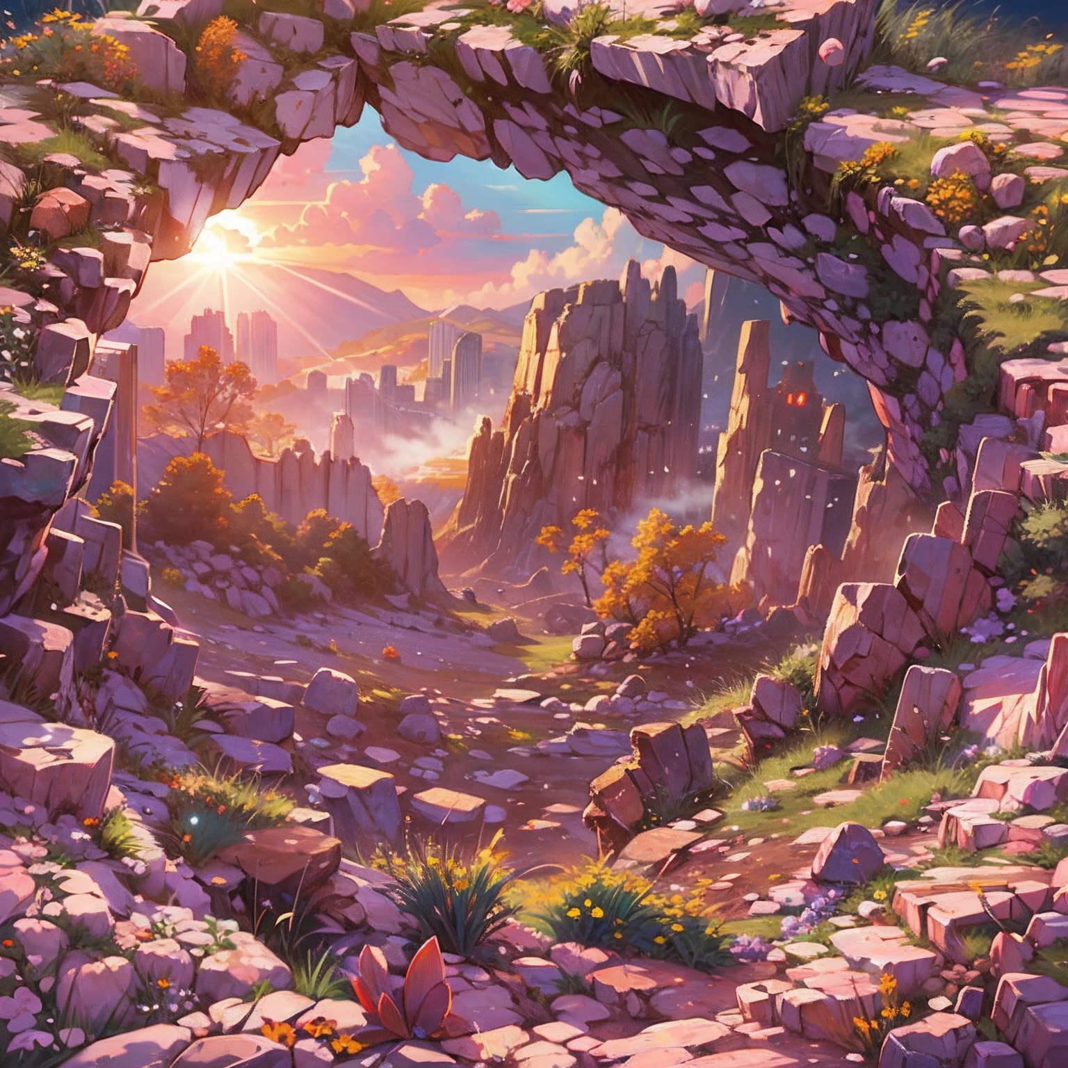 Detailed landscape, sunbeams, (sun1. 2), a giant ring made out rocks, circle composition, masterpiece, best quality