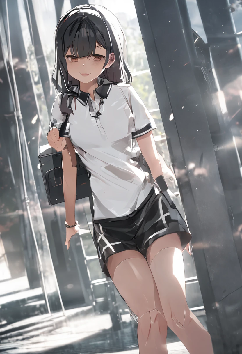 1girll, 独奏, White polo shirt, White sneakers, tennis wear, white mini-skirt, tmasterpiece, Best quality at best, realisticlying, ultra - detailed, (shiny skins, perspired:1.4), absurderes, looking at viewert, with short black hair, with brown eye,slenderness,Dynamic light and shadow,A high resolution,Sharp focus,depth of fields,The eyes are delicate,Sharp pupils,pupil realistic,(middlebreast:1.6),(Thigh thick:1.0),,Sitting on a man undressed,Expression satisfaction