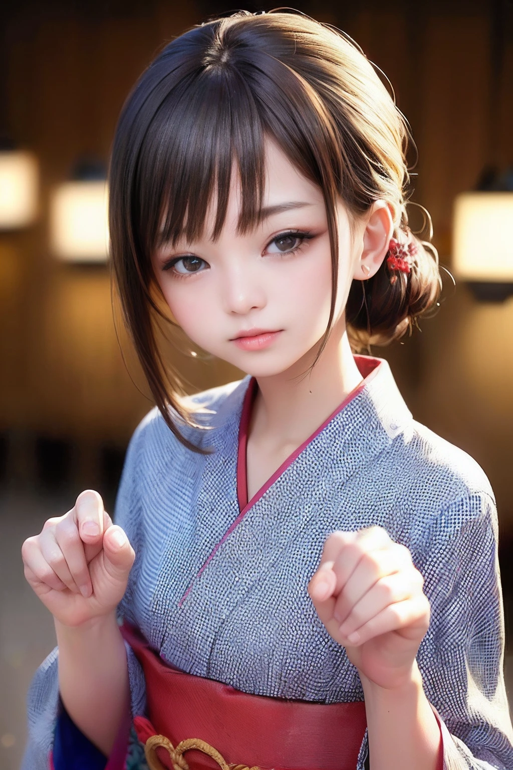 Upper body from the waist up、Are sleeping、nap、（Sleeping with your eyes closed）、(４In K、​masterpiece、hight resolution、Realistic and beautiful light and shadow、One girl、Solo Focus、(top-quality)、(Hi-Res)、(extremely delicate and beautiful)、(Beautiful 8k face)、(Brown-eyed)、(I close my eyes while smiling.)、(独奏)、(Clear skin)、(Soft hair)、(hugetits)、(Plaid kimono, Red and blue floral yukata)、((Awa Odori Pose))、((Bokeh lantern light night background))、((speedo))、(reality)、thin and small nose、（red lipsticks）、（Reddening cheeks）、poneyTail、（Lustrous skin）、((Ukiyo-e style))、Ultra-thin eyebrows、Ultra high image quality、（Wearing maiko-style makeup）、skin whitening、long and beautiful lashes、Turning around in the style of a Kyoto magazine model、((s asleep))、Lustrous skin、（Red-dyed cheeks）