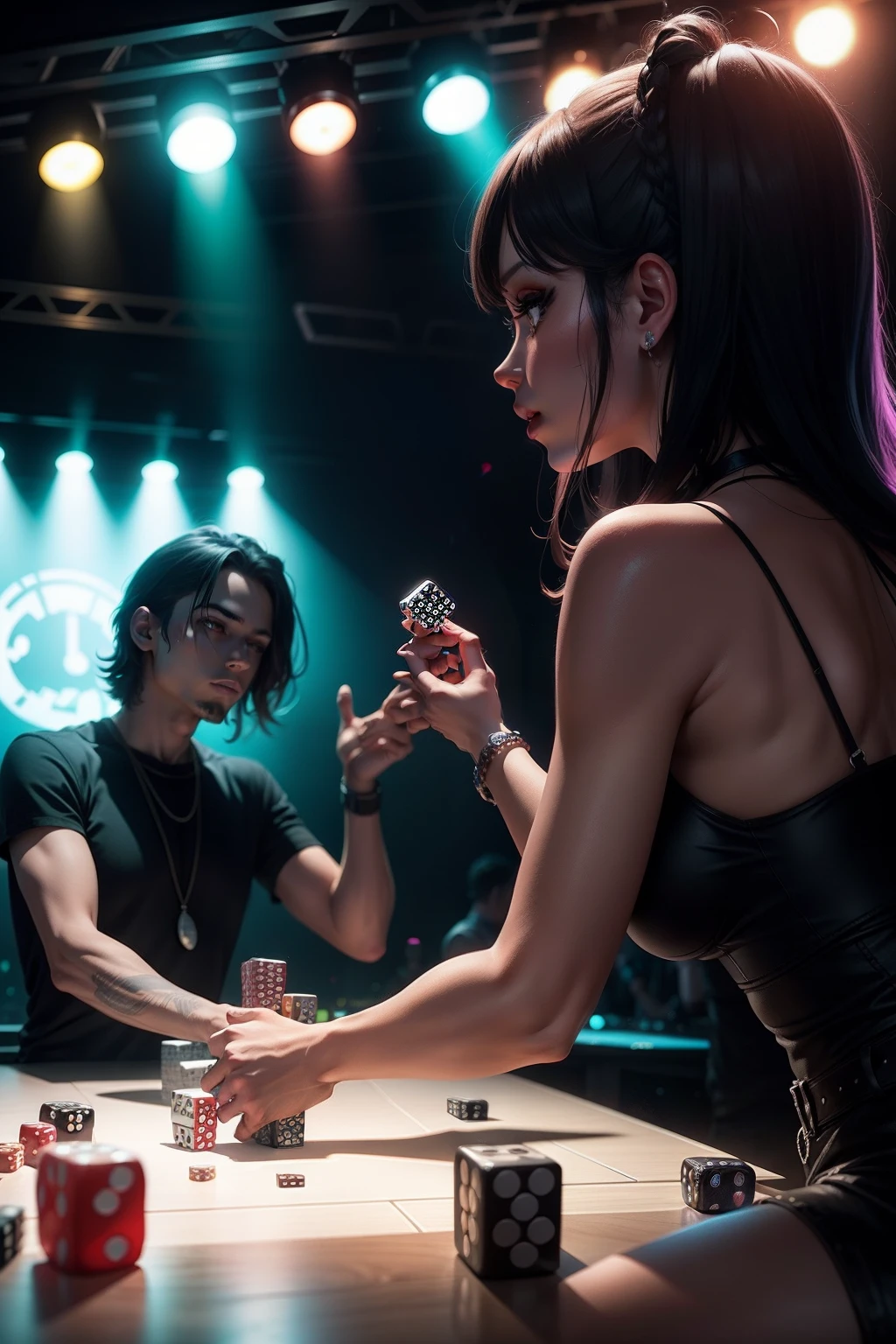 Two people playing in a nightclub,The game of stacking dice