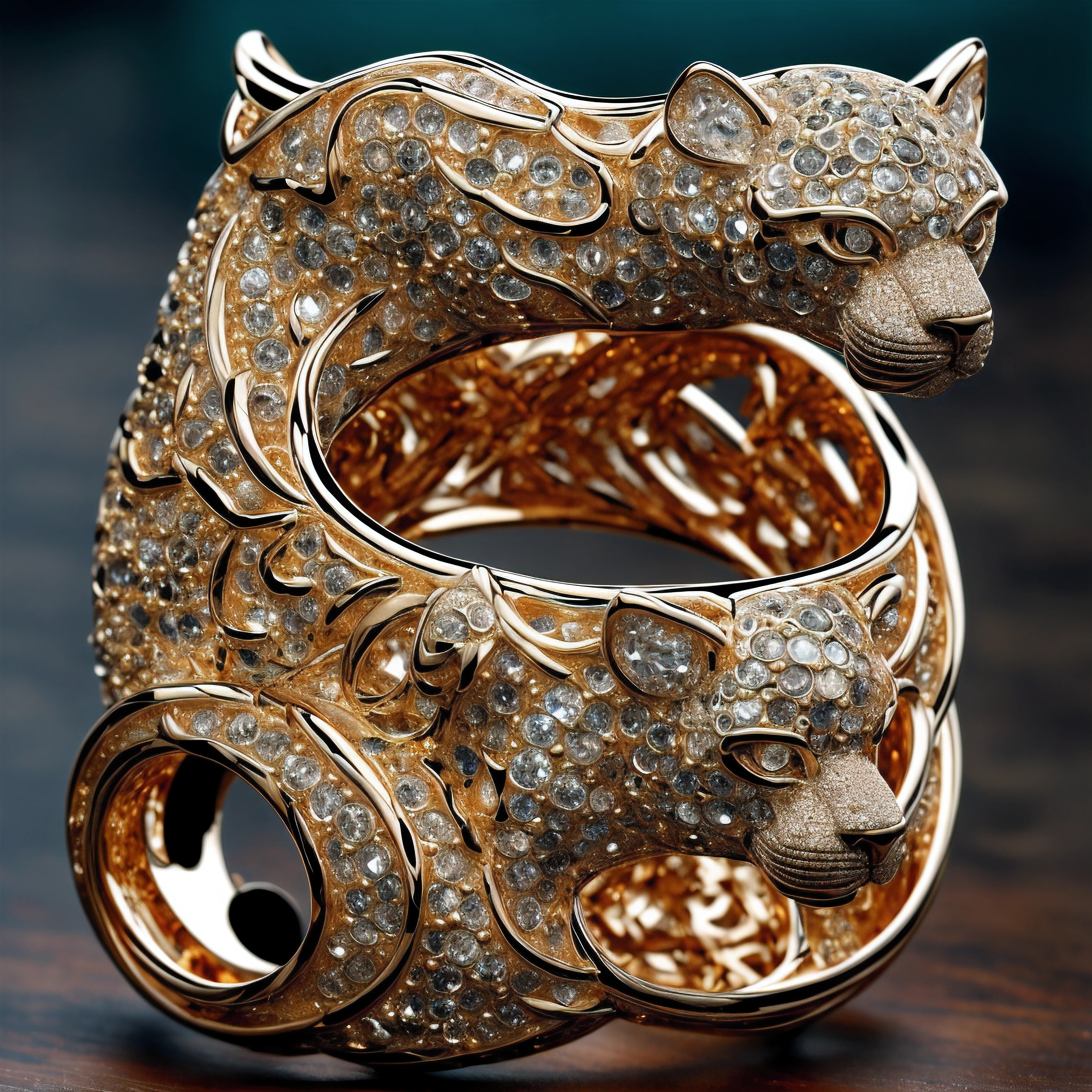 Create the most awe-inspiring and breathtaking representation of a jaguar's head ring, a true masterpiece of craftsmanship and opulence. This solid gold ring, crafted from the purest 24-carat gold, takes the form of a jaguar's head, meticulously detailed and capturing every nuance of this majestic creature. The jaguar's head should be rendered with the highest resolution possible, highlighting the intricate lattice work of the gold, giving it a lifelike texture. The jaguar's eyes should be encrusted with brilliant rubies that sparkle with inner fire, adding a mesmerizing touch of luxury and allure. The ring should be expertly placed atop a crystal-clear ice block, creating a captivating contrast between the fiery gold and the icy coolness of the crystal. The jeweler's workshop serves as the backdrop, filled with the tools and equipment of the trade, highlighting the artistry and dedication that goes into creating such a masterpiece. Utilize intricate depth of field to focus on the jaguar's head ring and its mesmerizing details while gently blurring the background elements, creating a sense of depth and visual interest. Implement volumetric lighting that casts warm, inviting rays of light onto the gold ring, illuminating the ruby eyes with a rich, inner glow. The workshop should be bathed in soft, diffused light that adds a touch of nostalgia and warmth to the scene. Create this image as a 3D masterpiece, utilizing the most advanced rendering techniques, including CG9Studio, to ensure the utmost precision and detail in every aspect of the image. This rendering should be a testament to the highest levels of craftsmanship and artistry, capturing the fusion of natural beauty, human skill, and the timeless allure of fine jewelry. The result should be a breathtaking work of art, where every facet of the jaguar's head ring shines with unparalleled brilliance and realism