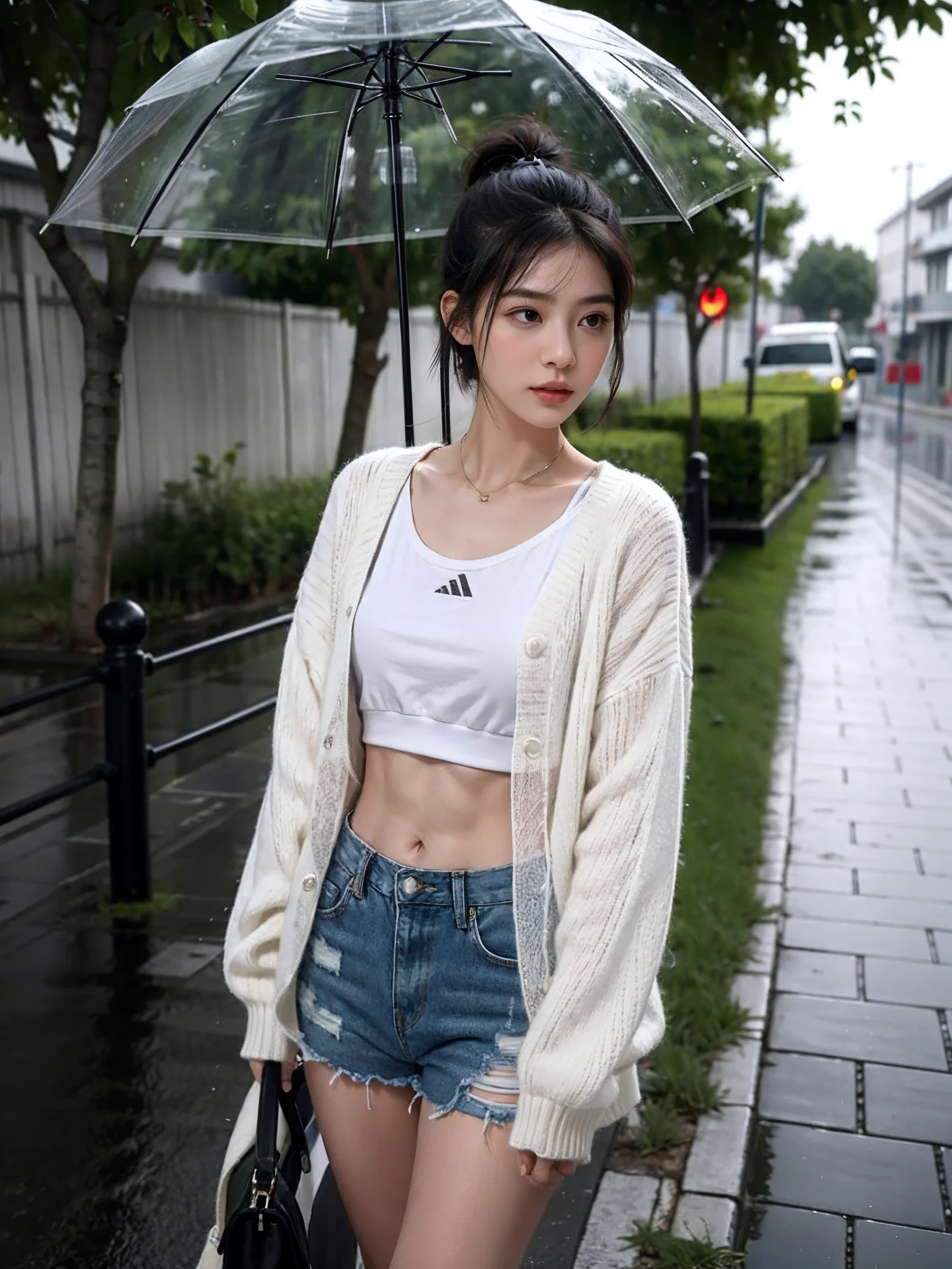 ((smallunderboob,Tomboyish,small heads)), (Well-defined abs: 1.1), (perfect bodies: 1.1), (short-length straighthair: 1.2), Black hair, upper body photos, attractive collarbone，nabel，（极其细致的CG 8k壁纸），（Extremely refined and beautiful），（tmasterpiece），（best qualtiy：1.0），（超高分辨率：1.0），beautiful light up，Perfect lightning，realistic shaded，[A high resolution]，Smooth and flawless fair skin，ultra - detailed ，Elongated legs，flatchest，Slim，emaciated，Short ponytail hair，White sheer tulle sweatshirt cardigan，Gilet blanc，Black denim shorts，White sneakers，夏天，Dark evening，overcast day，rainy days，with intense rain，A sea of people，at the doorstep of a school，Outside the walls，are standing，outside，Tree-lined roadsides，Holding a transparent umbrella in his hand