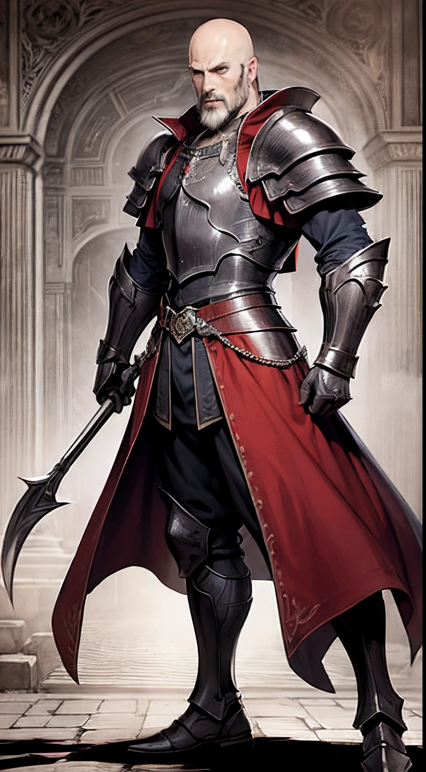 Castlevania Shadow Lord Bald beard handsome muscular Moroccan armor full armor leather armor line drawn hyper realistic super detailed dynamic pose