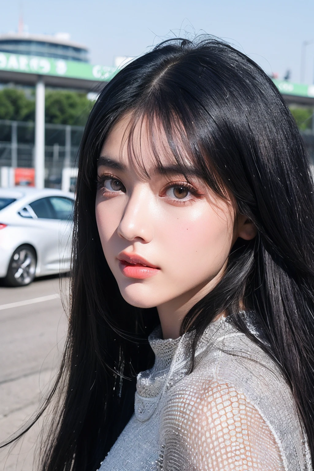 (extra detailed body、extra detailed face、best qualtiy:1.2)、femele、looking at the viewers、(Silver mesh hair on black hair、Mode fashion)、(Car racing venue 1 in the background.4)
