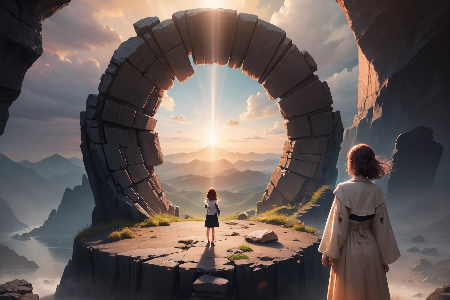 Detailed landscape, sunbeams, (sun1. 2), a giant ring made out rocks, natural structure, a girl looking at the horizon very short hair, circle composition, masterpiece, best quality
