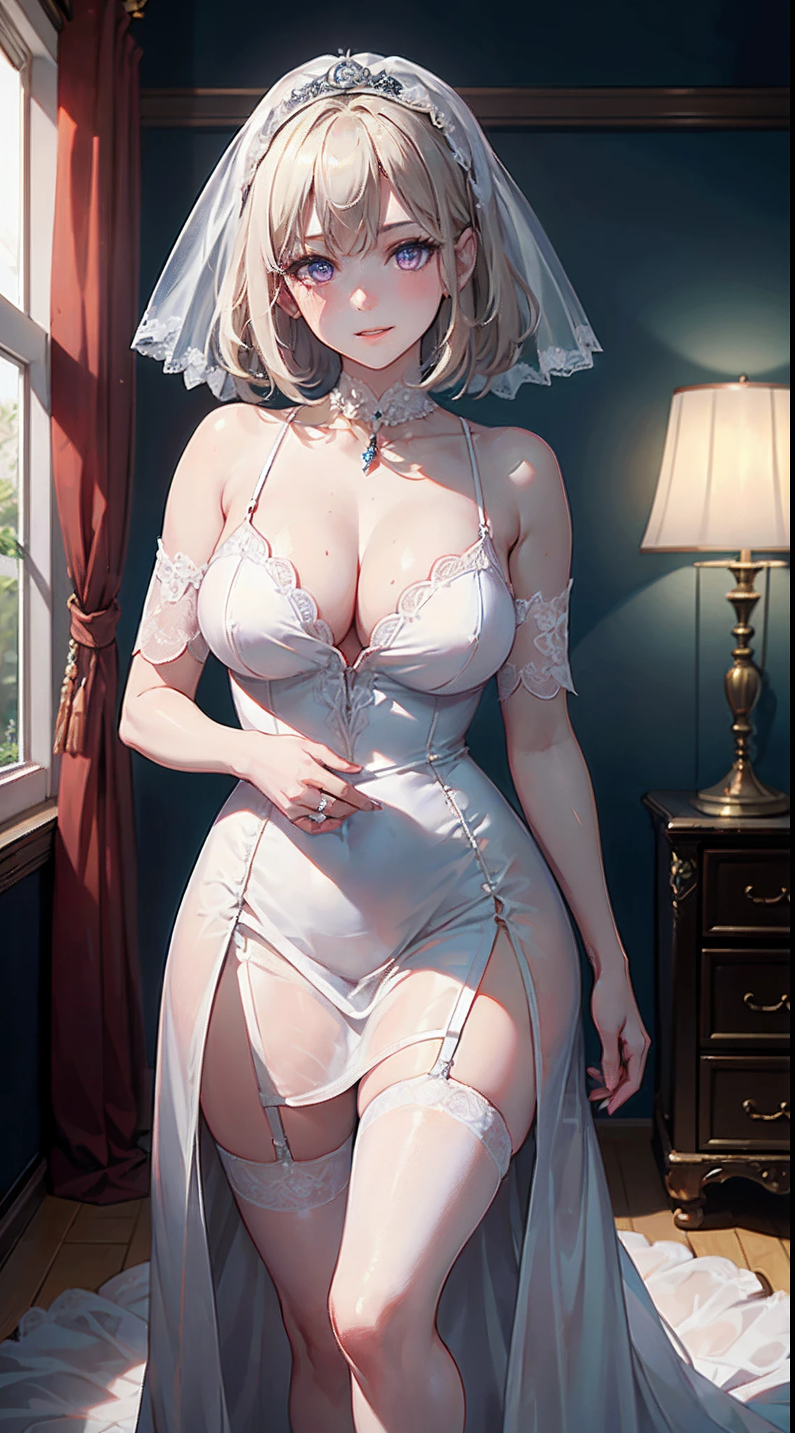 ((((masterpiece, best quality, high resolution)))), Extremely detailed 8K, Beautiful girl with slender body, (Ultra HD, Ultra-detailed, Highly detailed, Highly realistic, Ultra-realistic, photograph realistic), (1girl:1.5), (Realistic white hair), short wavy hair, bob cut, purple eyes, average breasts, cleavage, (dynamic poses), facing at camera, light smile, parted lips, (beautiful detailed face, beautiful detailed eyes) blush, light smile, glow, thighs, bare shoulders, collarbone, narrow waist, cleavage, bedroom, night, night light, (wedding dress, bridal veil, bridal garter)
