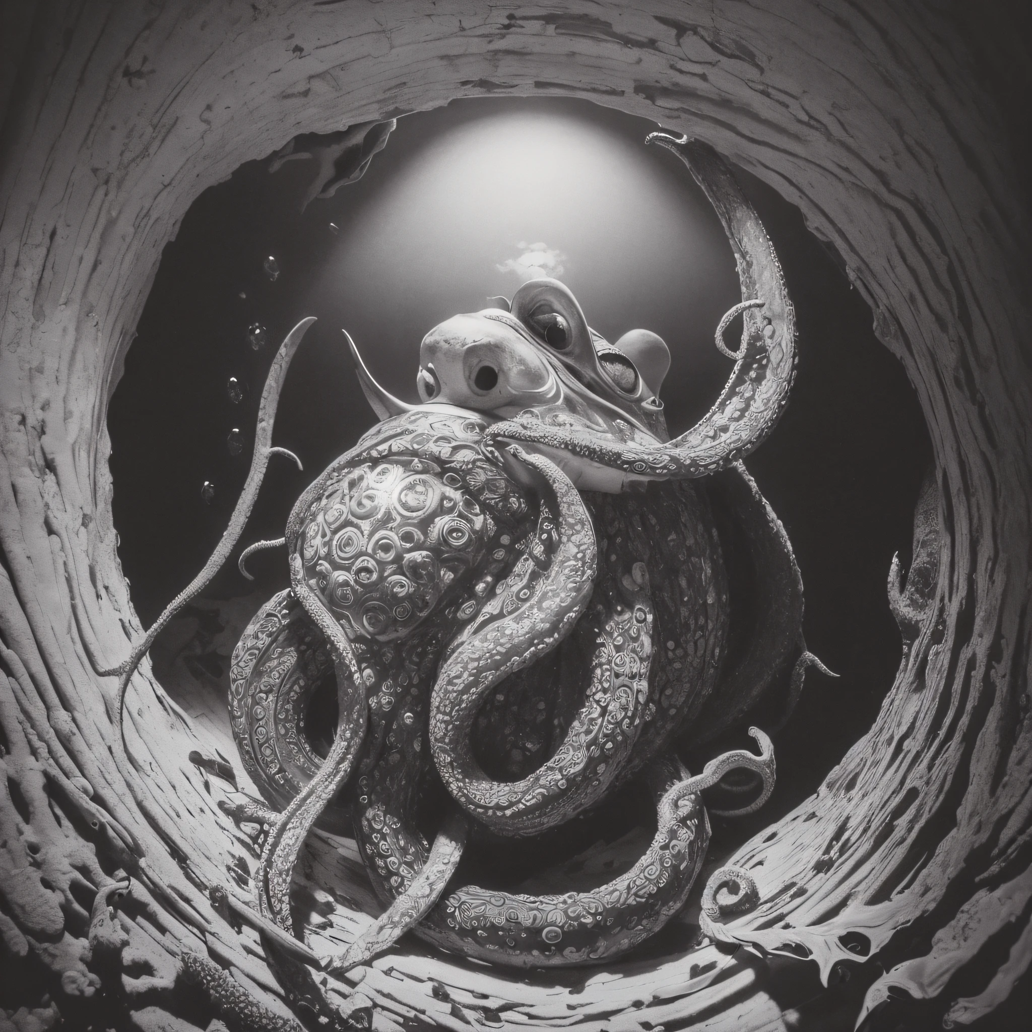 (extremadamente detallado, obra maestra, La mejor calidad, Under the Ocean), Estilo oscuro, volumetric illumination. armadura medieval, rostro con arrugas, lengua larga, tentacle, deforme, imagen submarina vista desde el exterior, pico de pulpo amenazante. manchas de tinta. Rococo composition. Luz de caravaggio