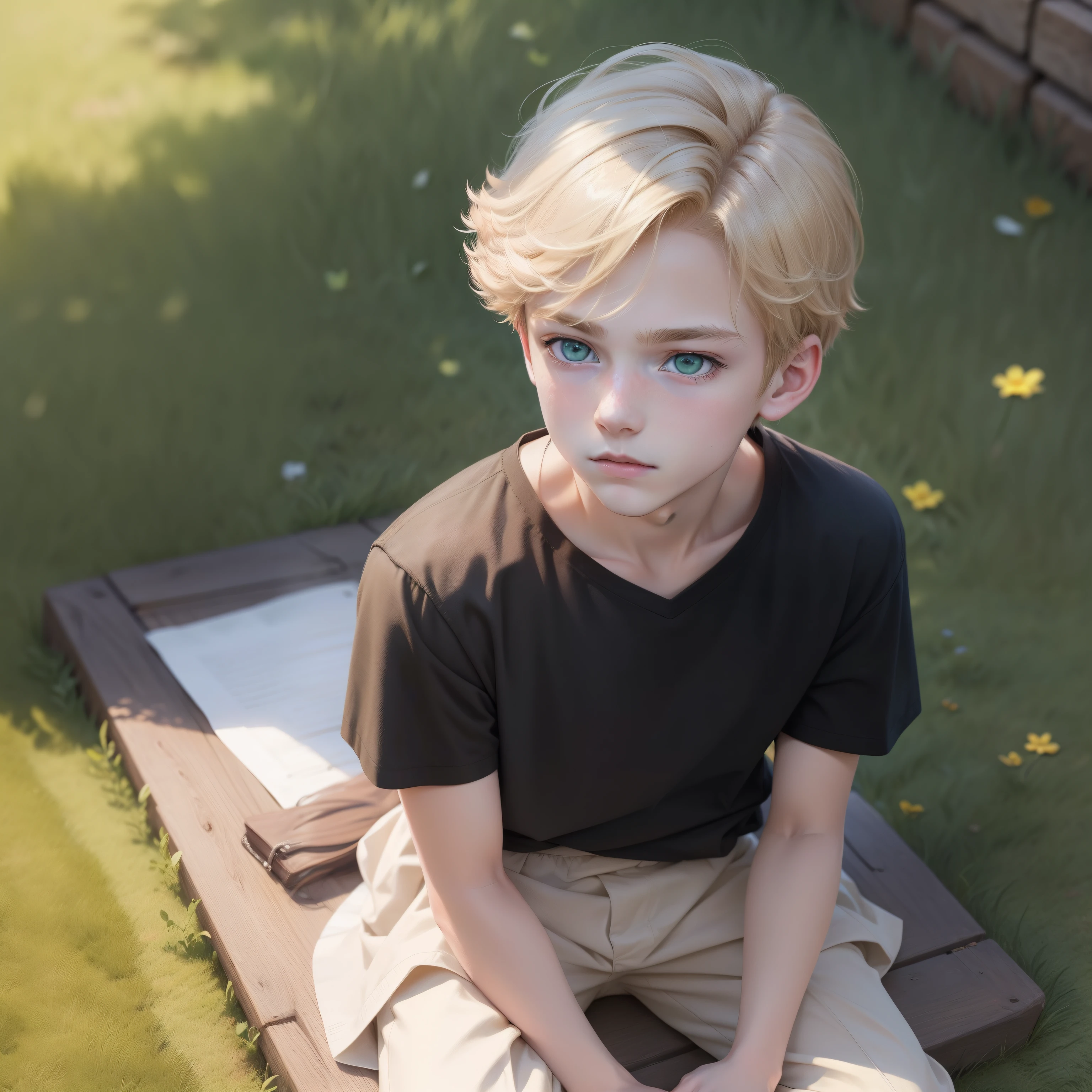 (One Boy),Top image quality,masterpiece, student,(a blond,hair_brack),bobhair,straight haired,(Green eyes)sitting on,Beautiful Boys,Beautiful fece,fleeting,babye,Loo Up,Sitting on the lawn,