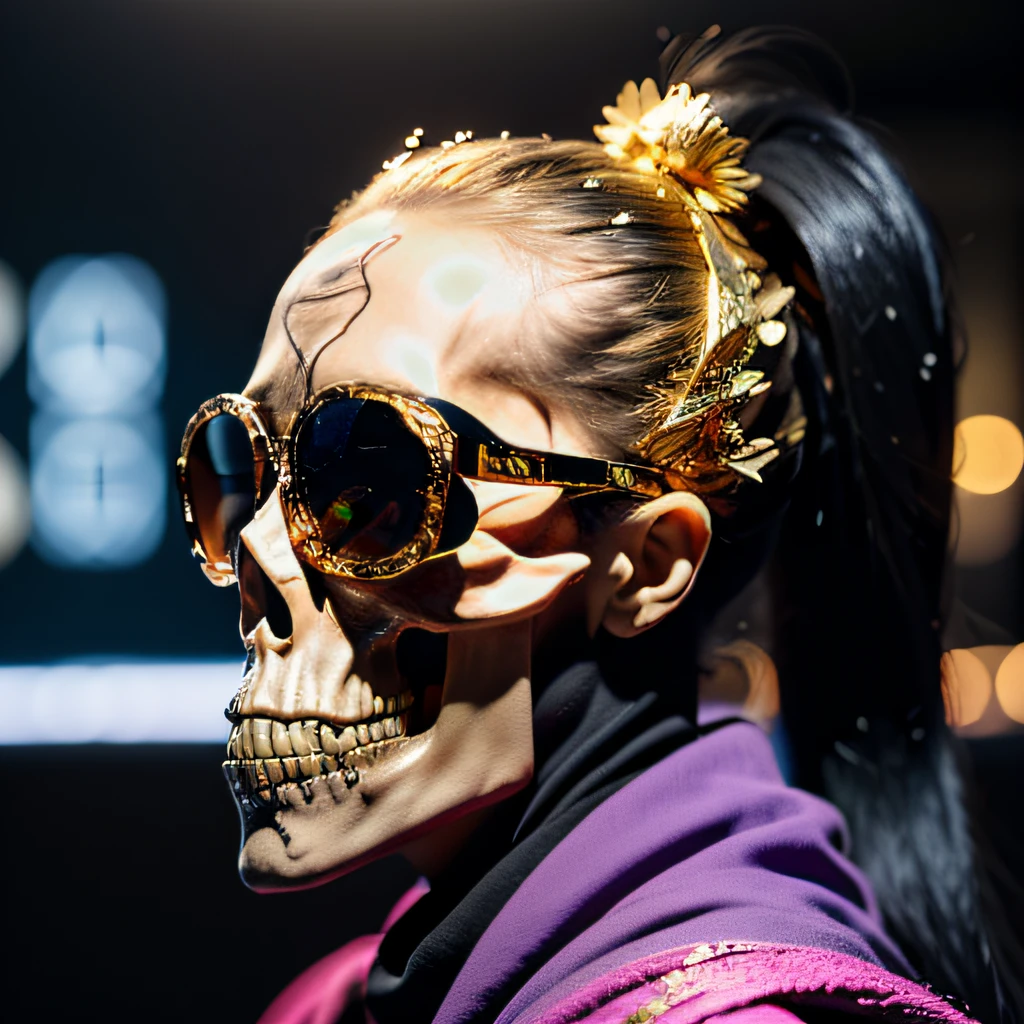 On snowy nights,32K(tmasterpiece,k hd,hyper HD,32K)Purple-pink double ponytail,flower stick,Indigo Skull King ,Hold the heavy wooden steering wheel (The skeleton is realistic:1.4),Crocodile pattern robe,Rusty skull ornaments,Sargin linen cloak,Petals flutter,Deep gold sunglasses,Hold your head high,Be proud,The nostrils look at people,A and secondah resolution,Xueba, the detail, RAW photogr, Sharp Re, Nikon D850 Film Stock Photo by Jefferies Lee 4 Kodak Portra 400 Camera F1.6 shots, Rich colors, ultra-realistic vivid textures, Dramatic lighting, Unreal Engine Art Station Trend, cinestir 800,Hold your head high,Lateral face,Be proud,The nostrils look at people,Tsundere,Petals flutter,Petals flutter,Crocodiles sprinkled with gold dust,Fluttering,Impeccable,( reasonable design, Clear lines, High sharpness,Best quality, Very detailed skeleton, The skeleton of a masterpiece, offcial art, movie light effect, 8K crocodile skeleton(((Platinum marble sunglasses)))Deep gold sunglasses,side portrait