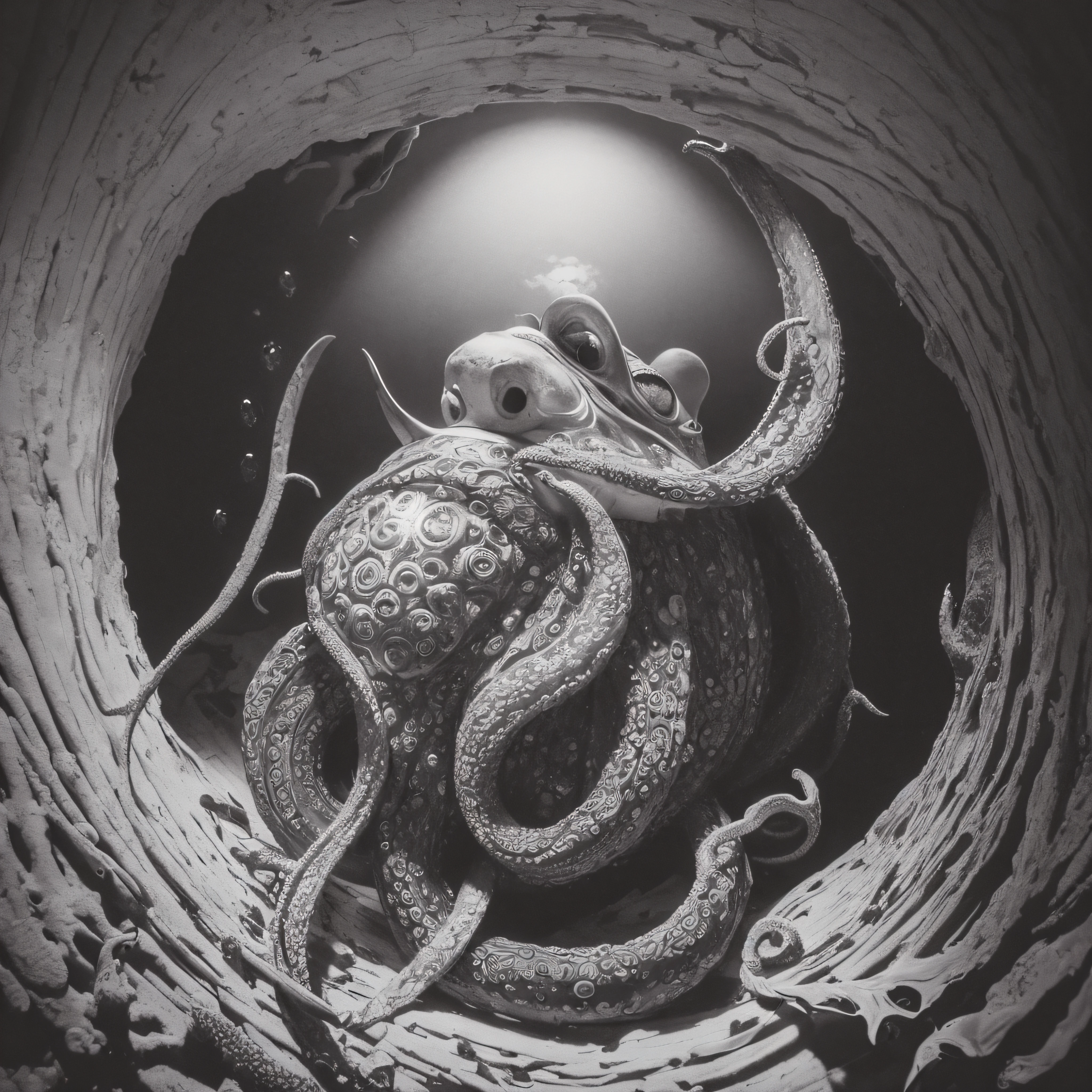 (extremadamente detallado, obra maestra, La mejor calidad, Under the Ocean), Estilo oscuro, volumetric illumination. armadura medieval, rostro con arrugas, lengua larga, tentacle, deforme, imagen submarina vista desde el exterior, pico de pulpo amenazante. manchas de tinta. Rococo composition. Luz de caravaggio